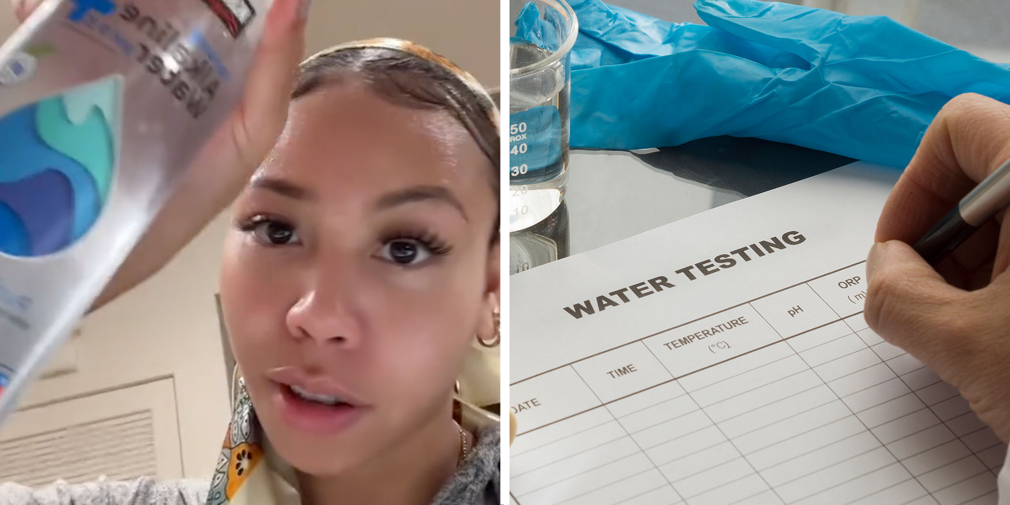 Two panel design with a woman holding up a water bottle from Costco, next to an image of someone water testing