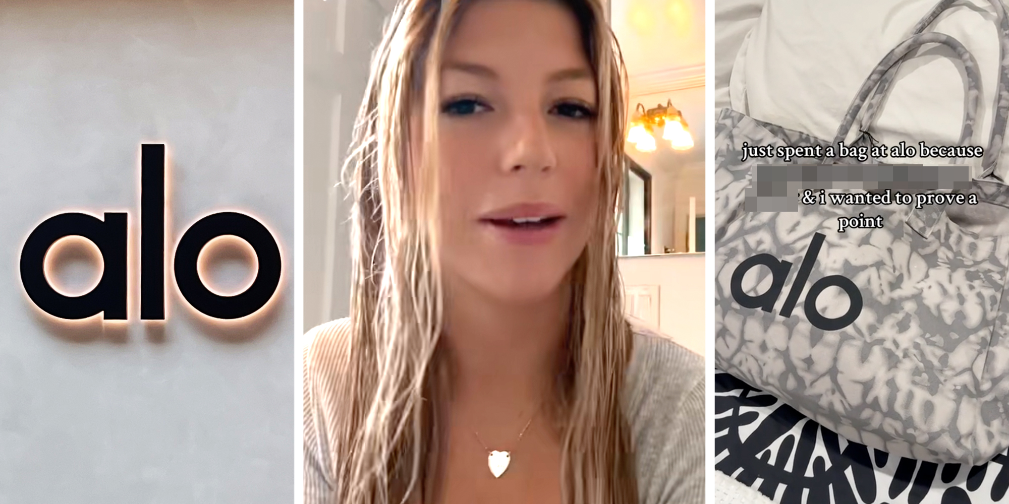 Alo logo(l), Woman talking(c), Alo bag(r)