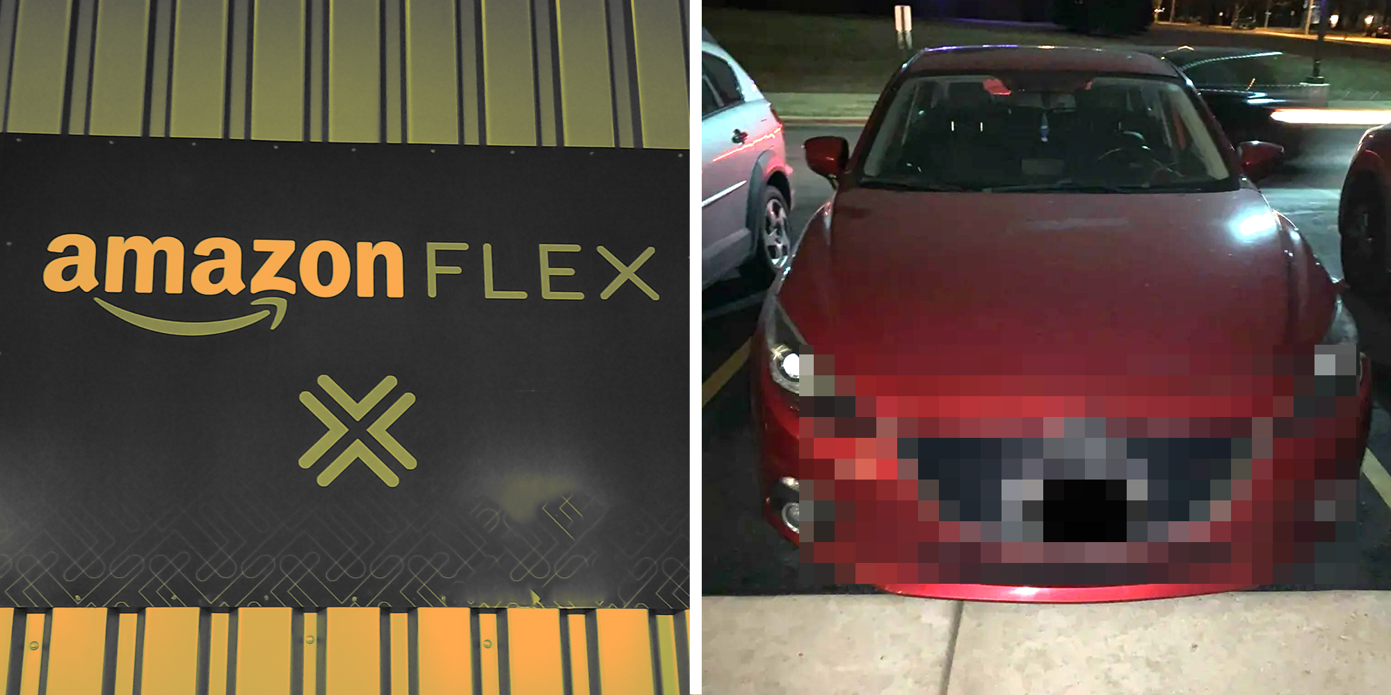 Amazon Flex sign(l), Mazda with blurred body(r)