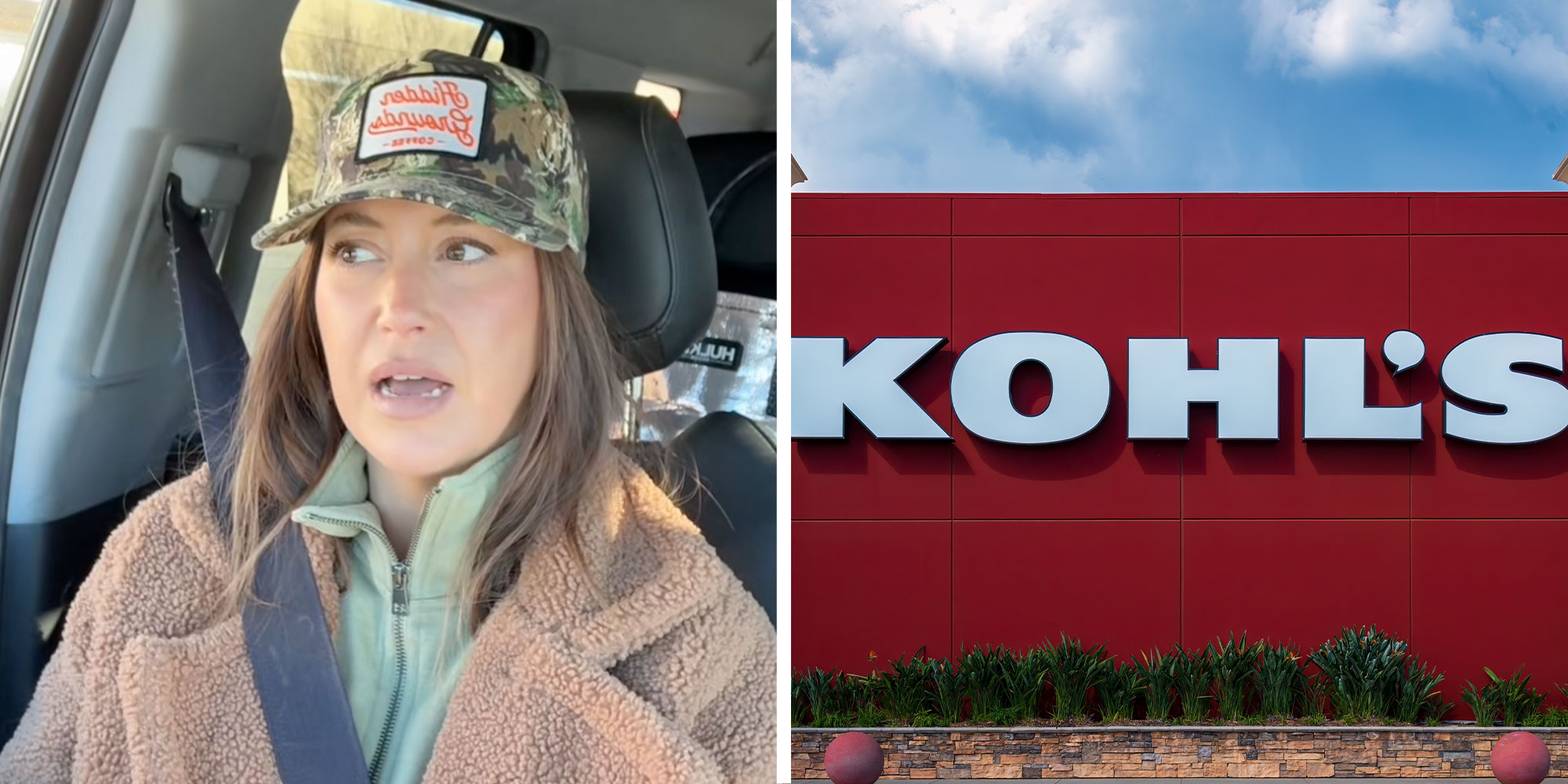 two panel design with a woman talking at the camera while sitting in her car, next to an image of a Kohl's
