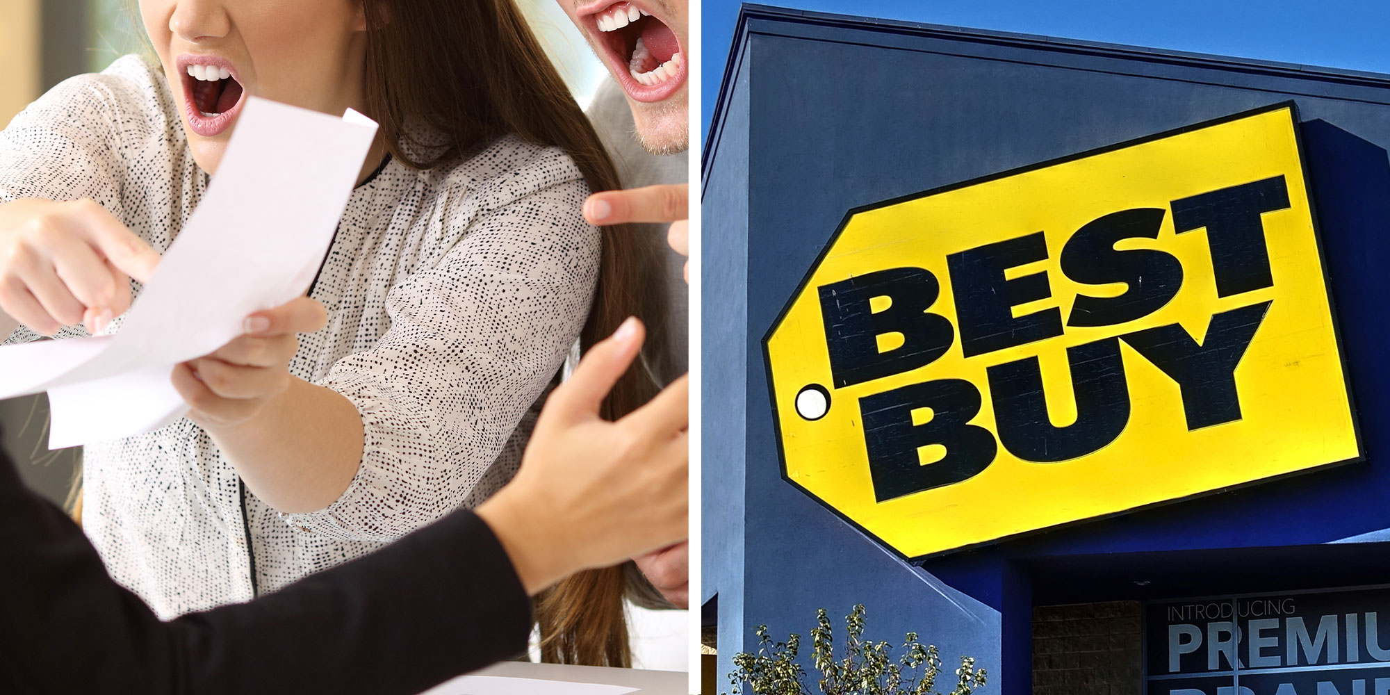 Two panel design with a woman and man looking angry and yelling at someone, next to an image of a Best Buy sign