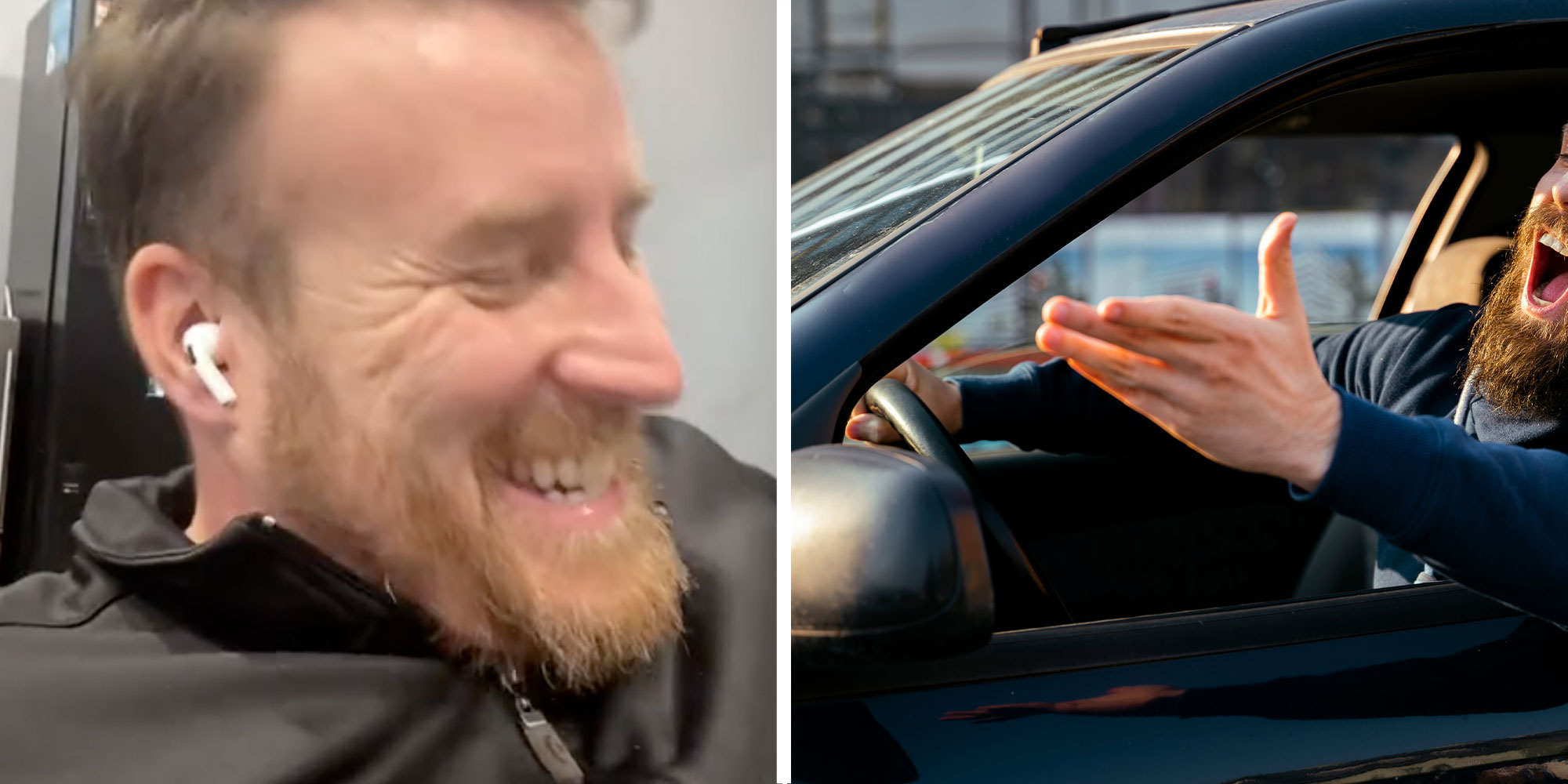 Two panel design with a man looking off to the side while laughing, next to an image of an angry man in a car yelling out of his window