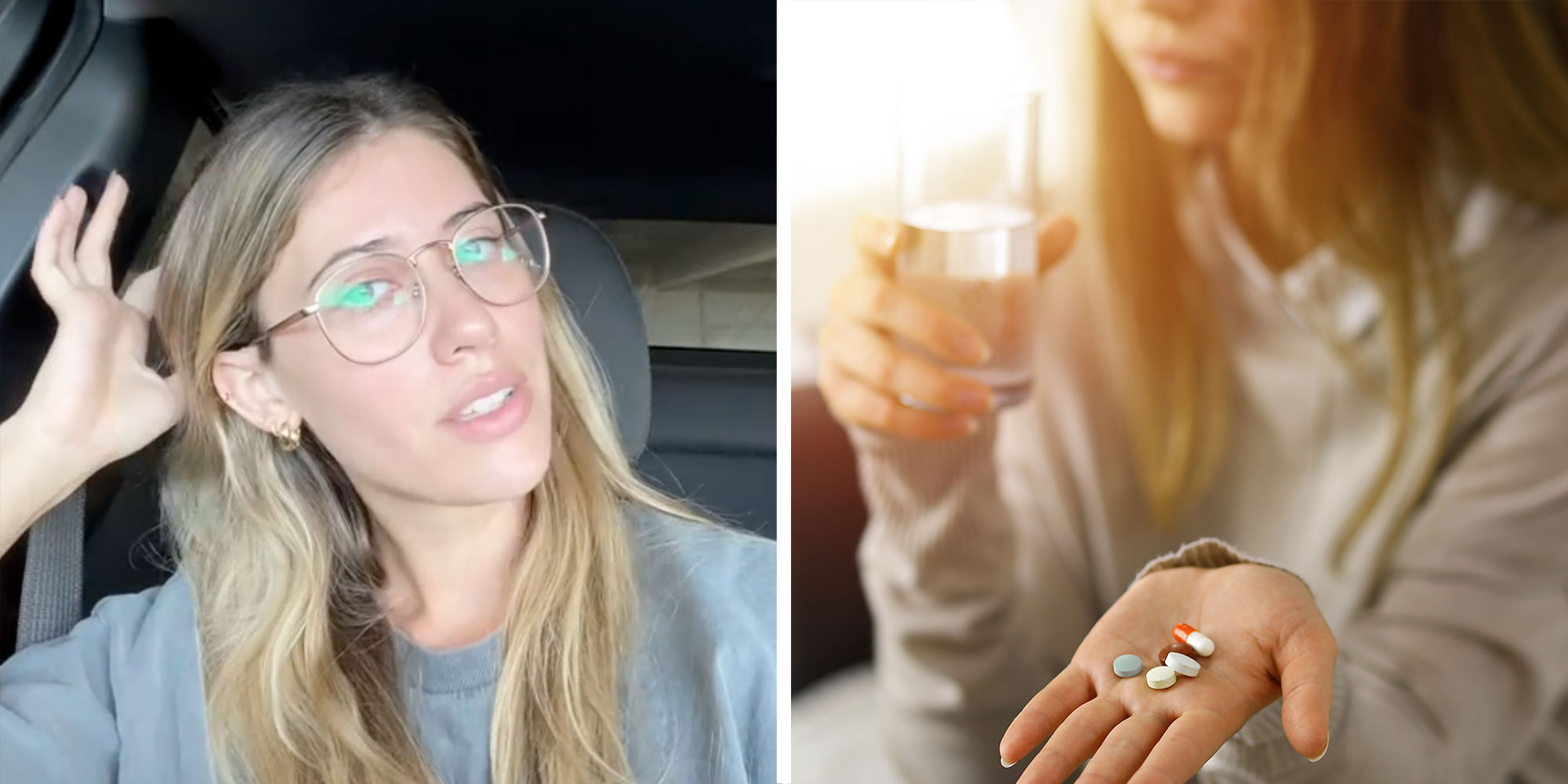 Two panel design with a woman looking upset and frustrated while she sits in her car, next to an image of a woman taking a handful of medicine.