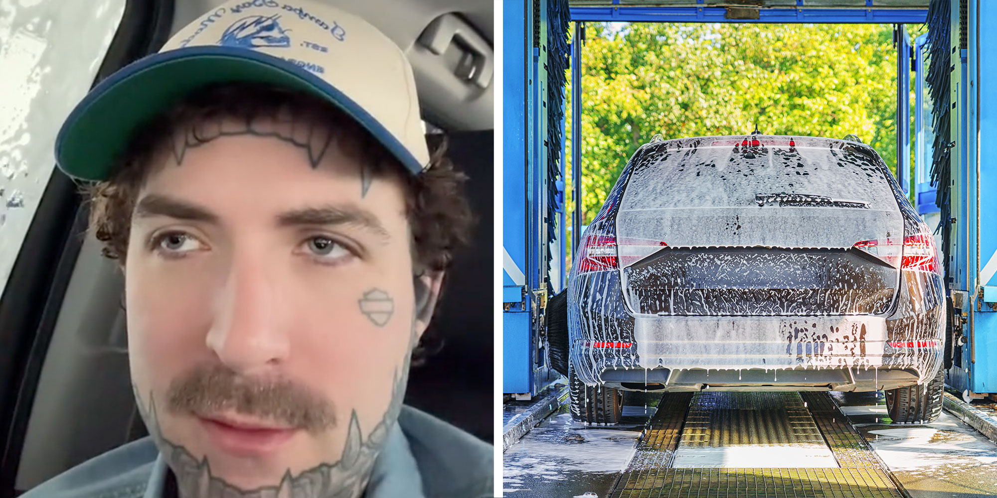 Two panel design with a man looking at the camera from inside his car during a car wash, next to an image of a car going through a car wash