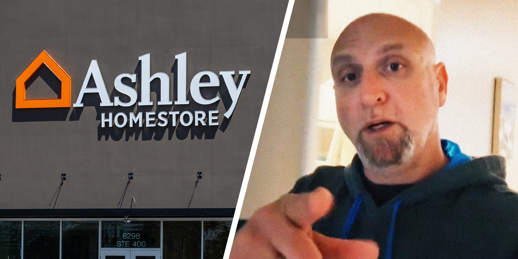 2 panel image: on the left is the exterior of an Ashley Homestore and on the right a person explains.