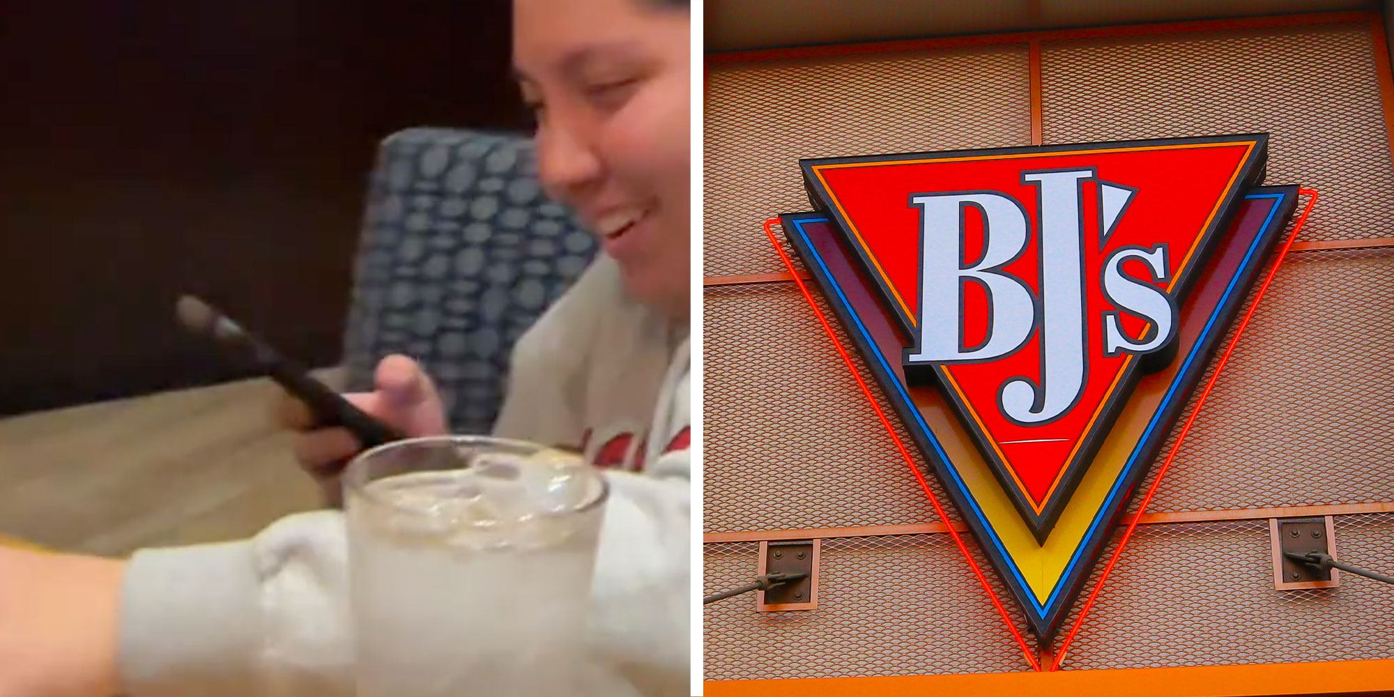 Two panel design with a woman looking at her phone in a restaurant, next to an image of a BJ's sign