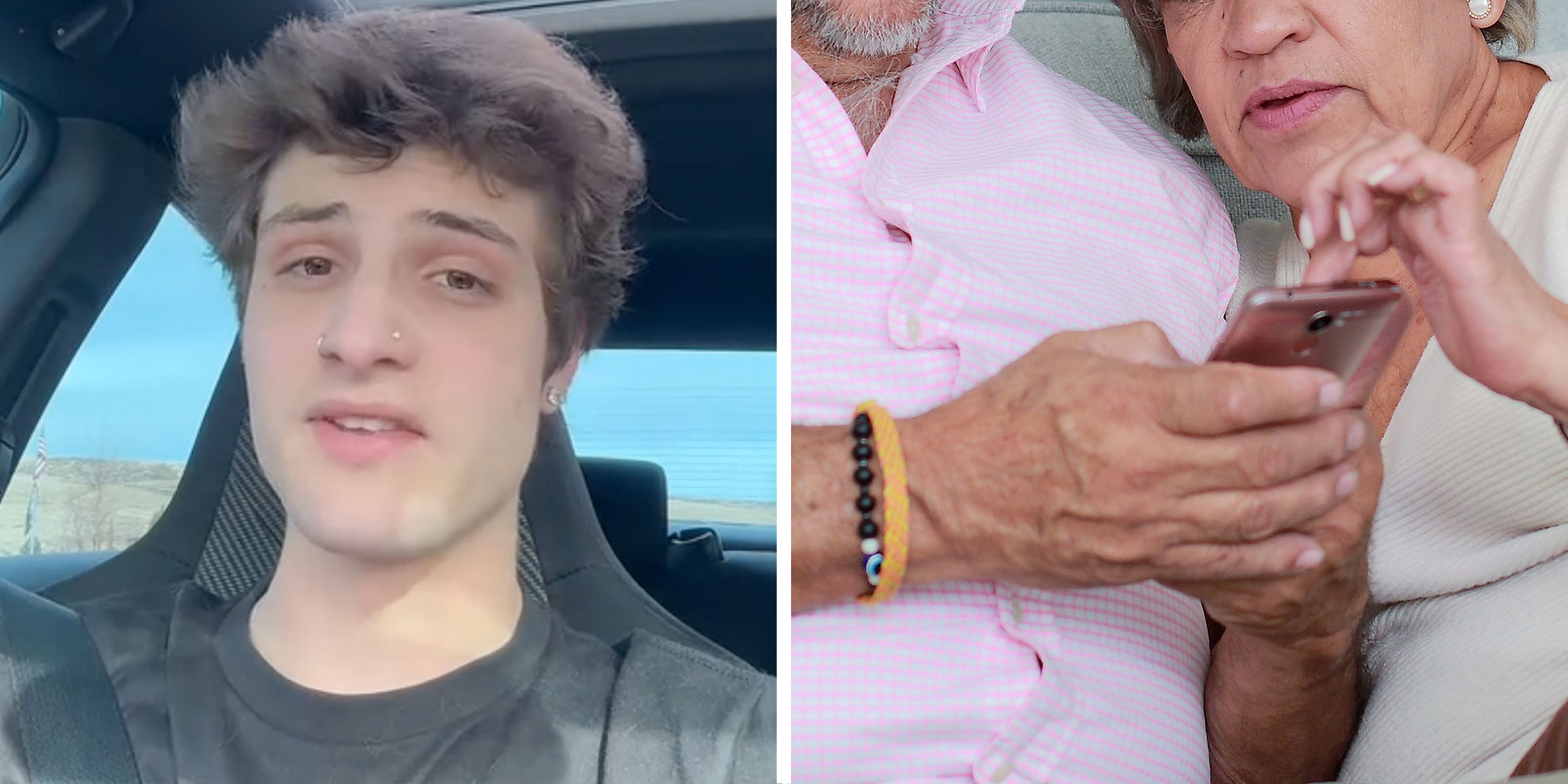 Two panel design with a man talking to the camera from inside his car, next to an image of two elderly people setting up a phone