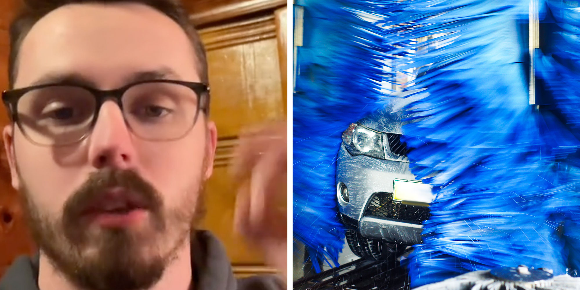 Two panel design with a man looking at the camera while talking, next to am image of a car being washing in a carwash