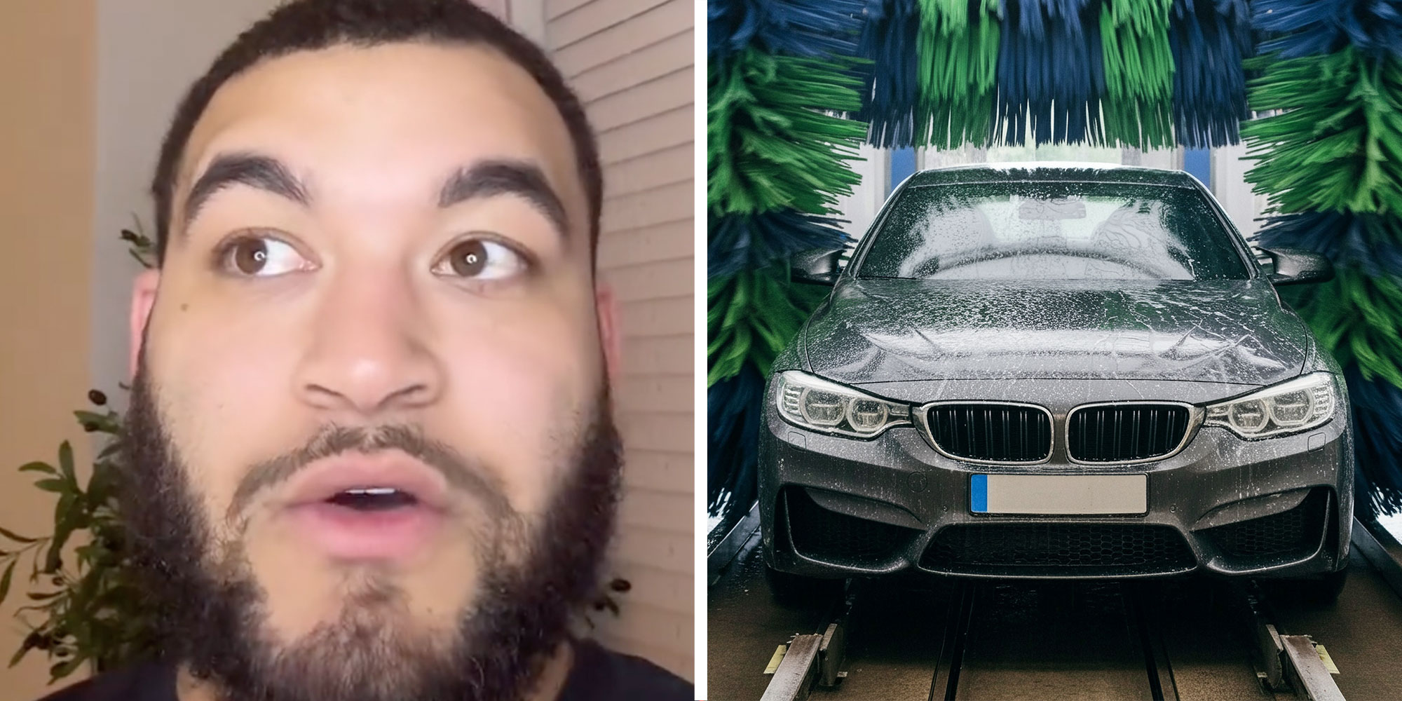 Two panel design with a man looking shook and off to the side, next to a image of a car going through a car wash