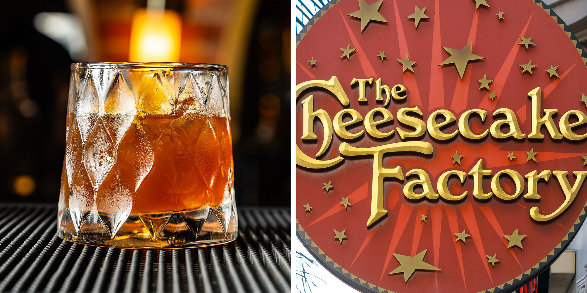 Two panel design with an image on an old fashion, next to an image of the Cheesecake Factory logo sign