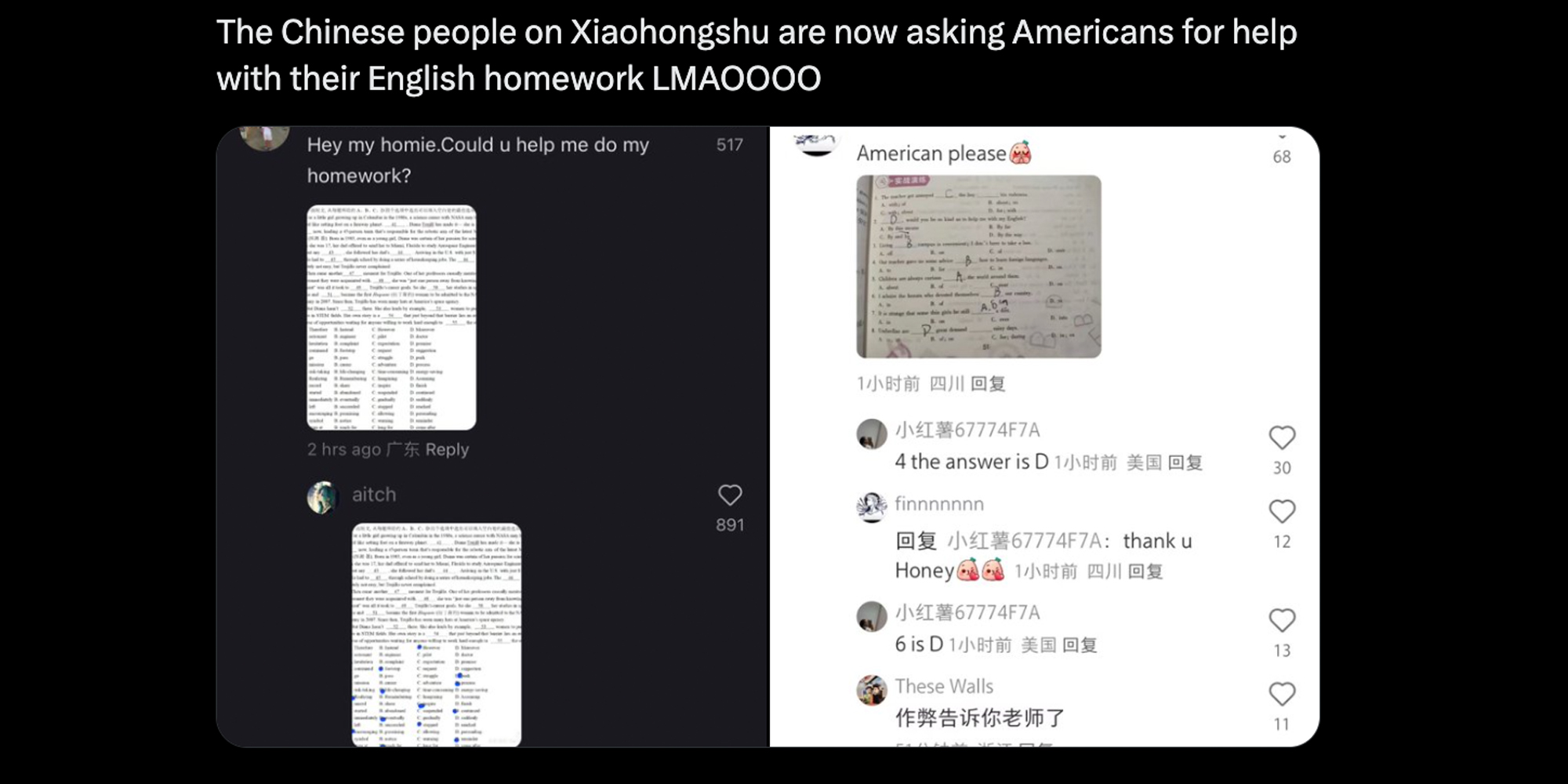 Post with text "the chinese people on Xiaohongshu are now asking americans for help with their english homework lmaoooo" and screen shots of the appp