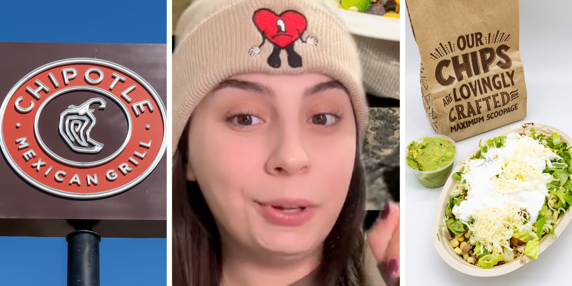 Chipotle sign(l), Woman talking(c), Chipotle burrito bowl, guacamole, and chips(r)