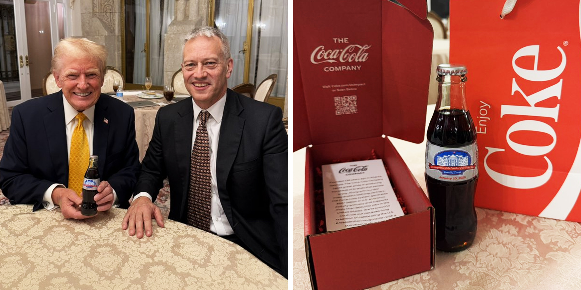 Donald Trump and Man with coca cola bottle(l), Box with bottle(r)