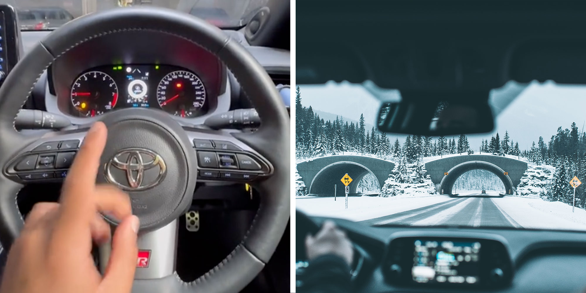 Two panel design with a person pointing at their steering wheel, next to an image of someone driving in winter conditions