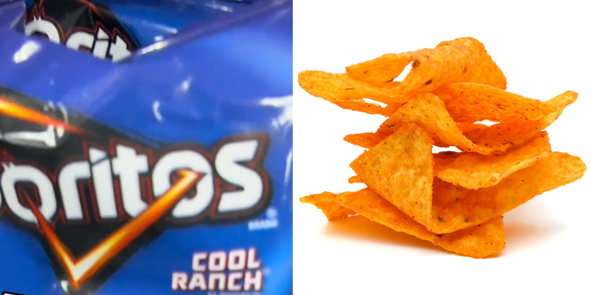 Two panel design with a close up shot of a Doritos Cool Ranch bag, next to a stack of chips