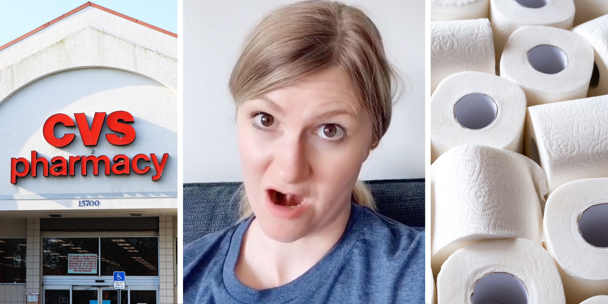 CVS pharmacy(l), Woman talking(c), Toilet paper rolls(r)