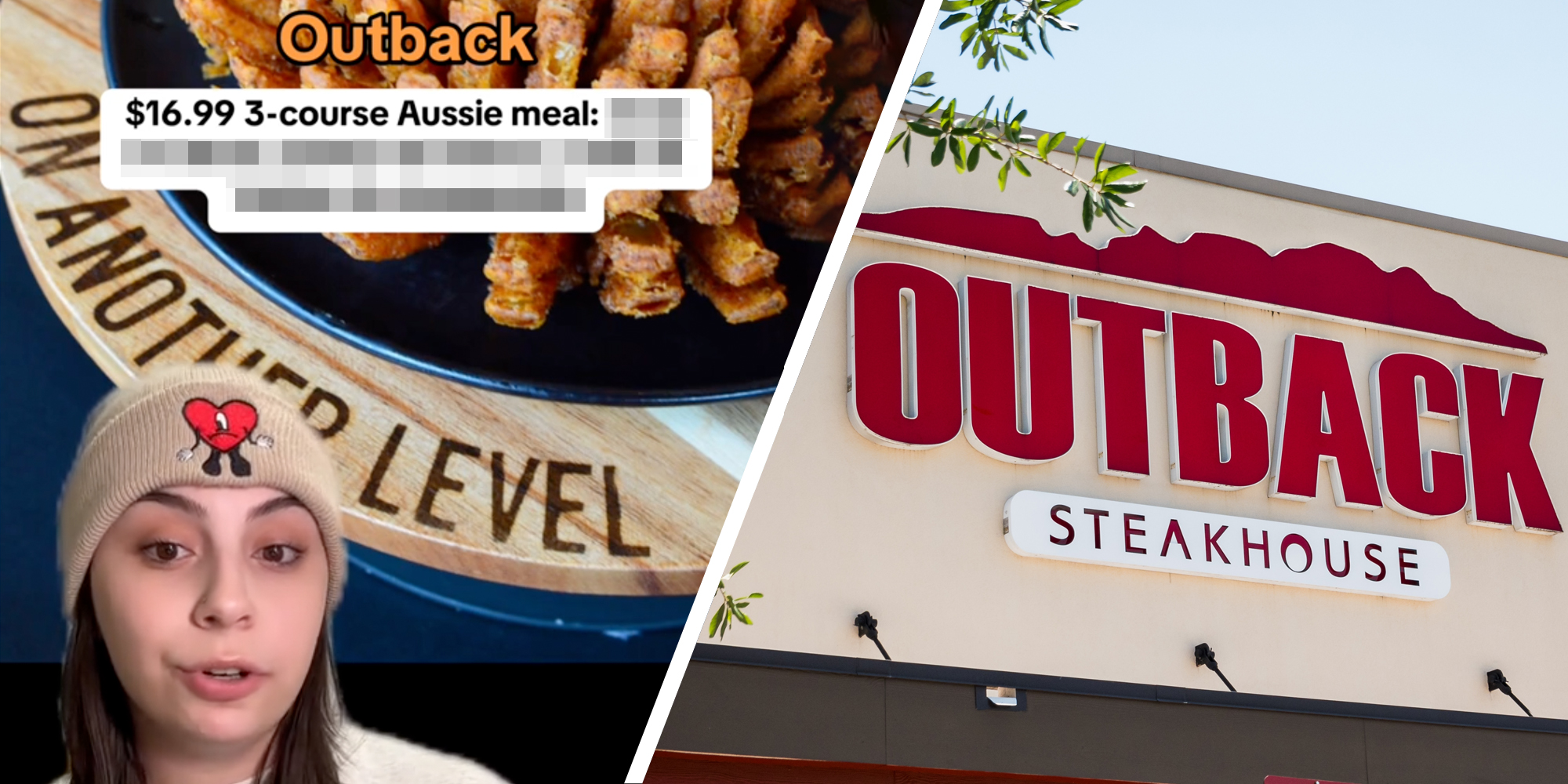 Woman talking with blooming onion in the background and text that says "Outback: $16.99 3-course Aussie meal with redacted text"(l), Outback steakhouse store front(r)