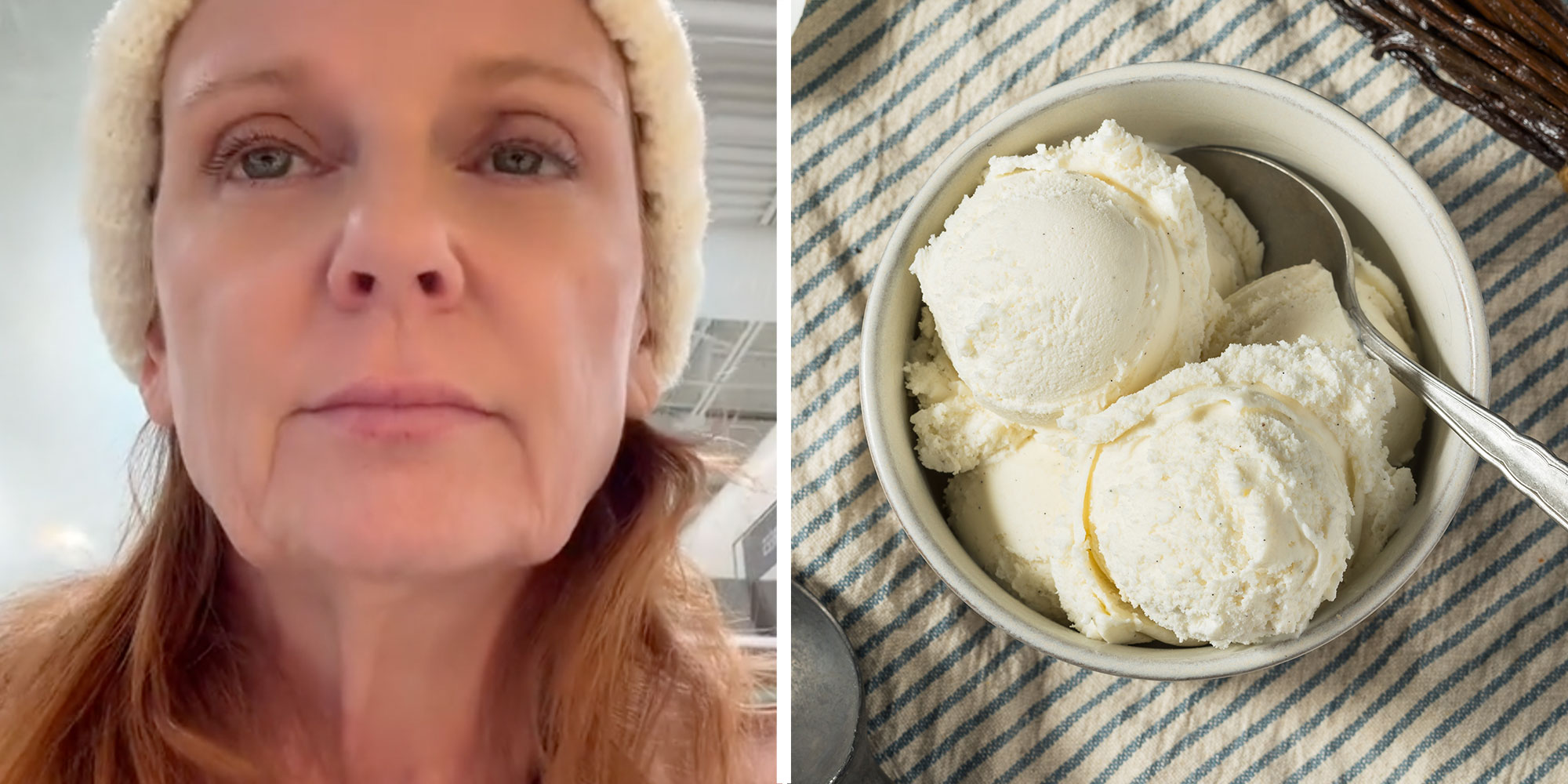 Two panel design with a woman looking at the camera from inside a grocery store, next to an image of ice cream