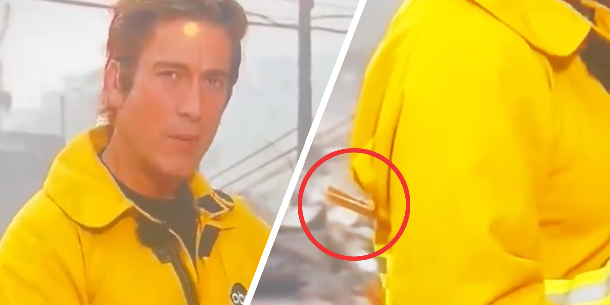 David Muir in firefighter coat(l), Side view with pins in back and circled in red(r)