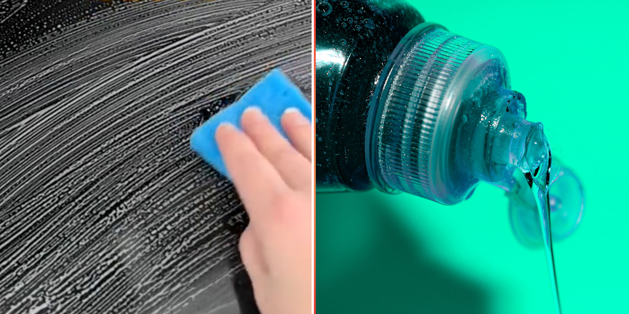 Two panel design with a person wiping down a surface with a spounge, next to an image of liquid dish soap