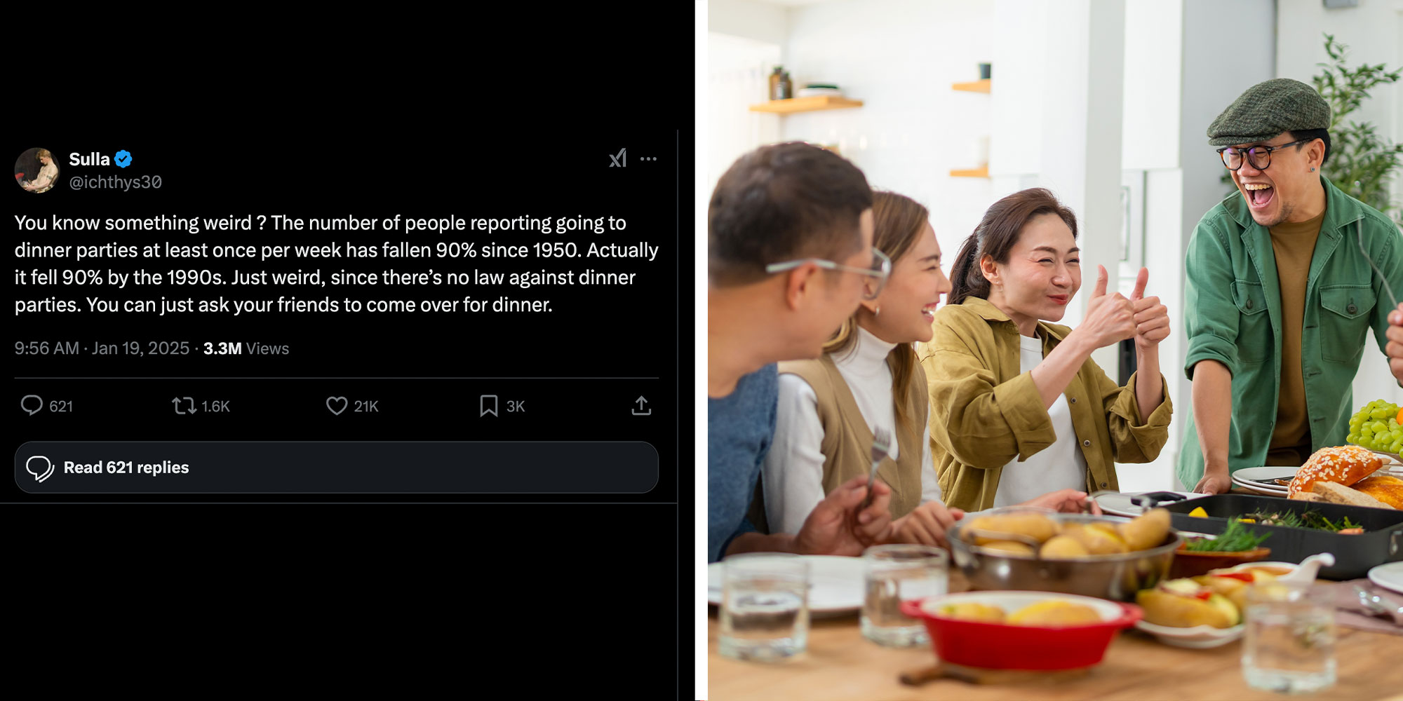 two panel design with a tweet talking about dinner parties today, next to an image of a group of people having dinner