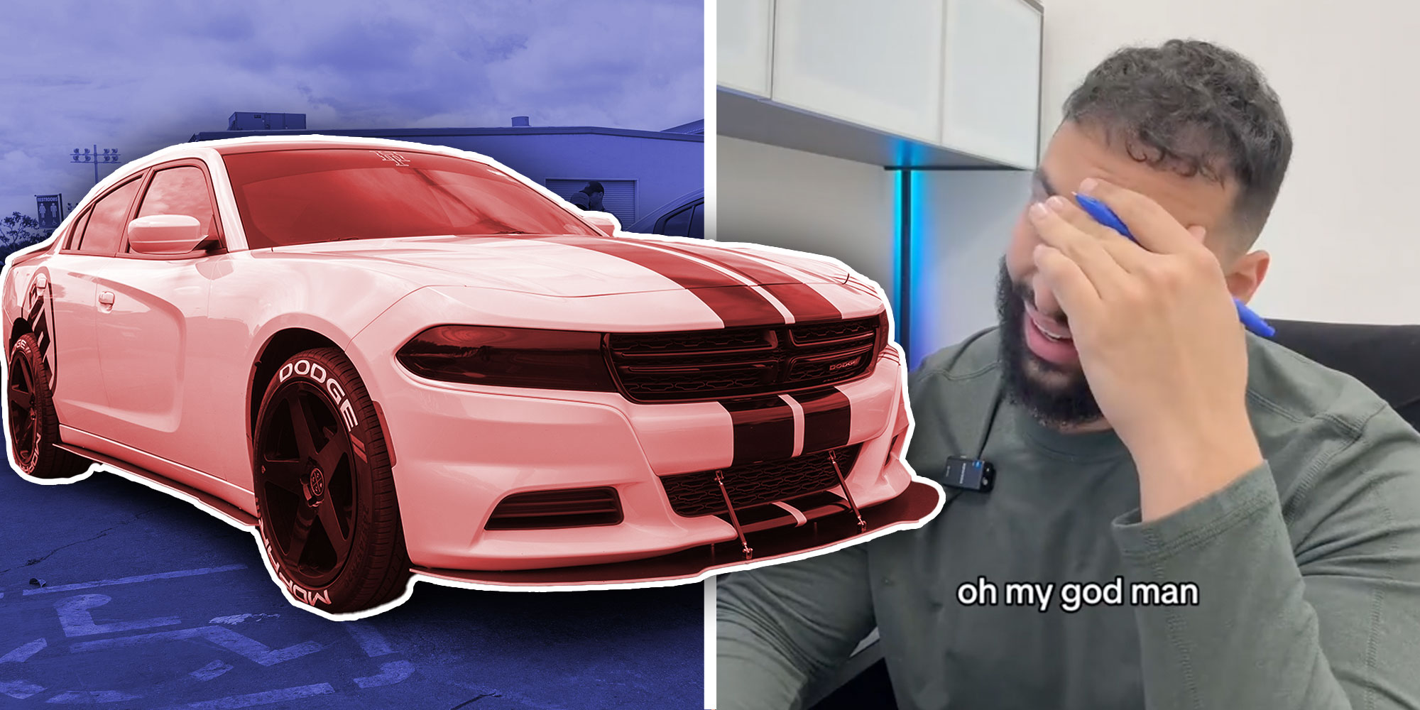 A photo of a 2019 Dodge Charger next to a screenshot of @ridewithyusuf's tiktok with the caption "oh my god man".