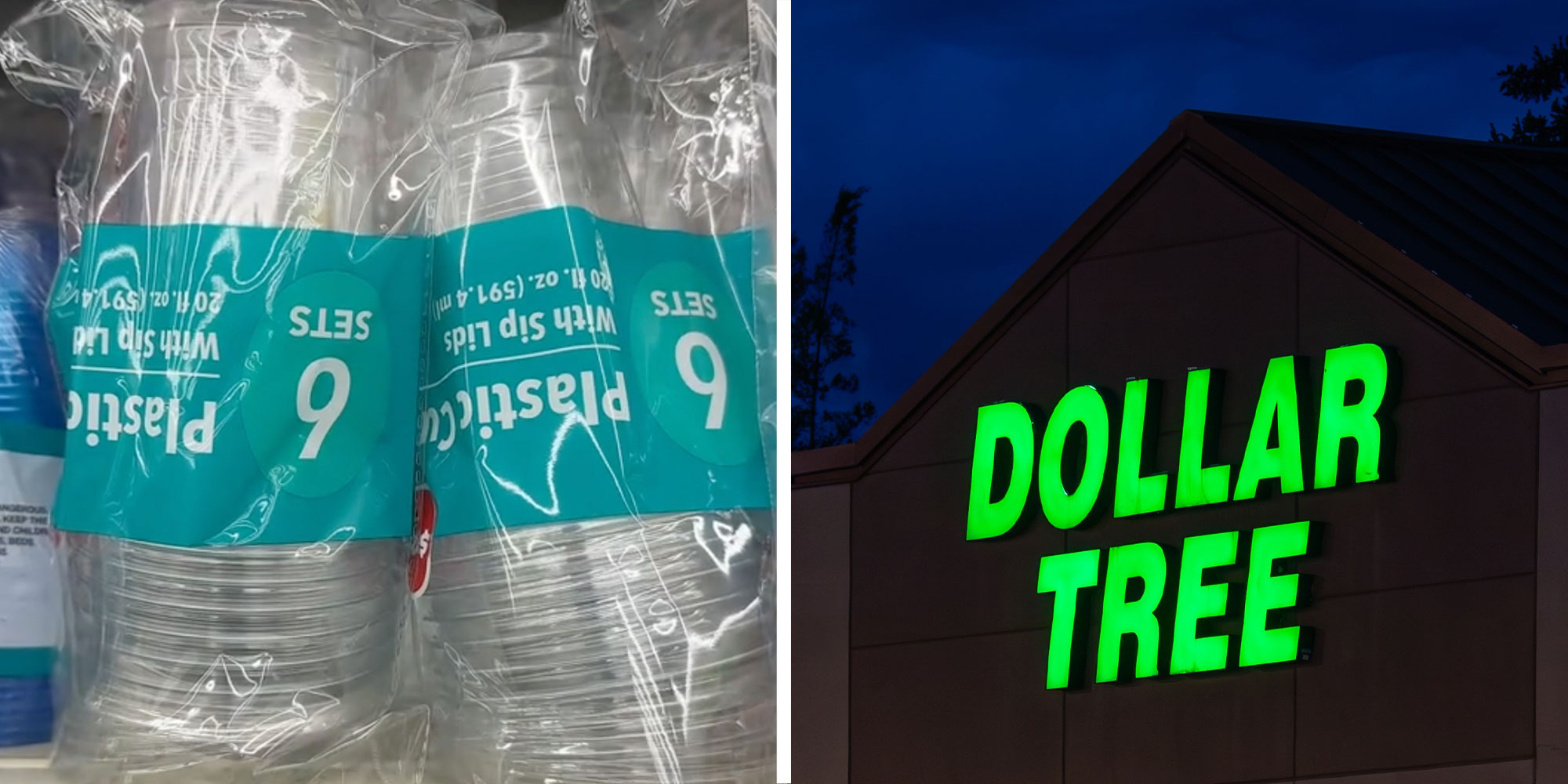 two panel design with a shot of plastic cups on a shelf at a store, next to an image of a Dollar Tree sign