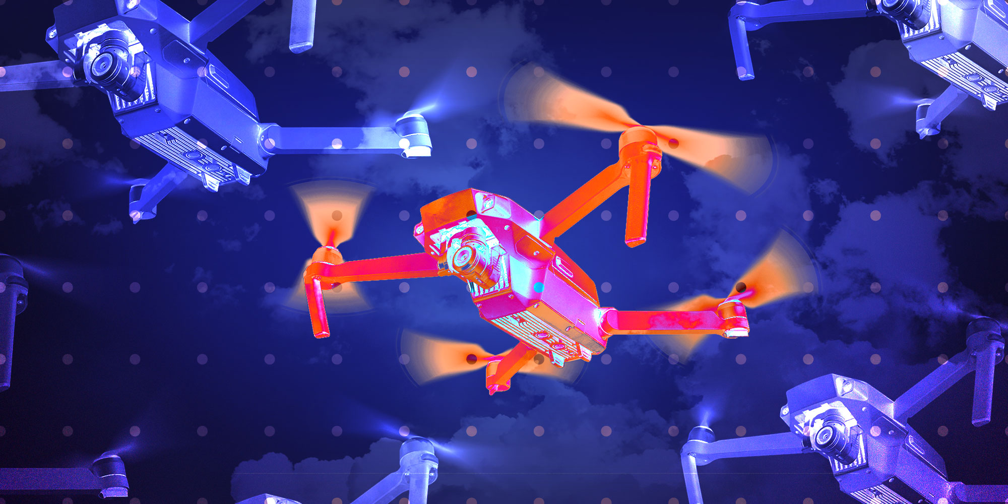 design with drones on a grid pattern with clouds in the back drop