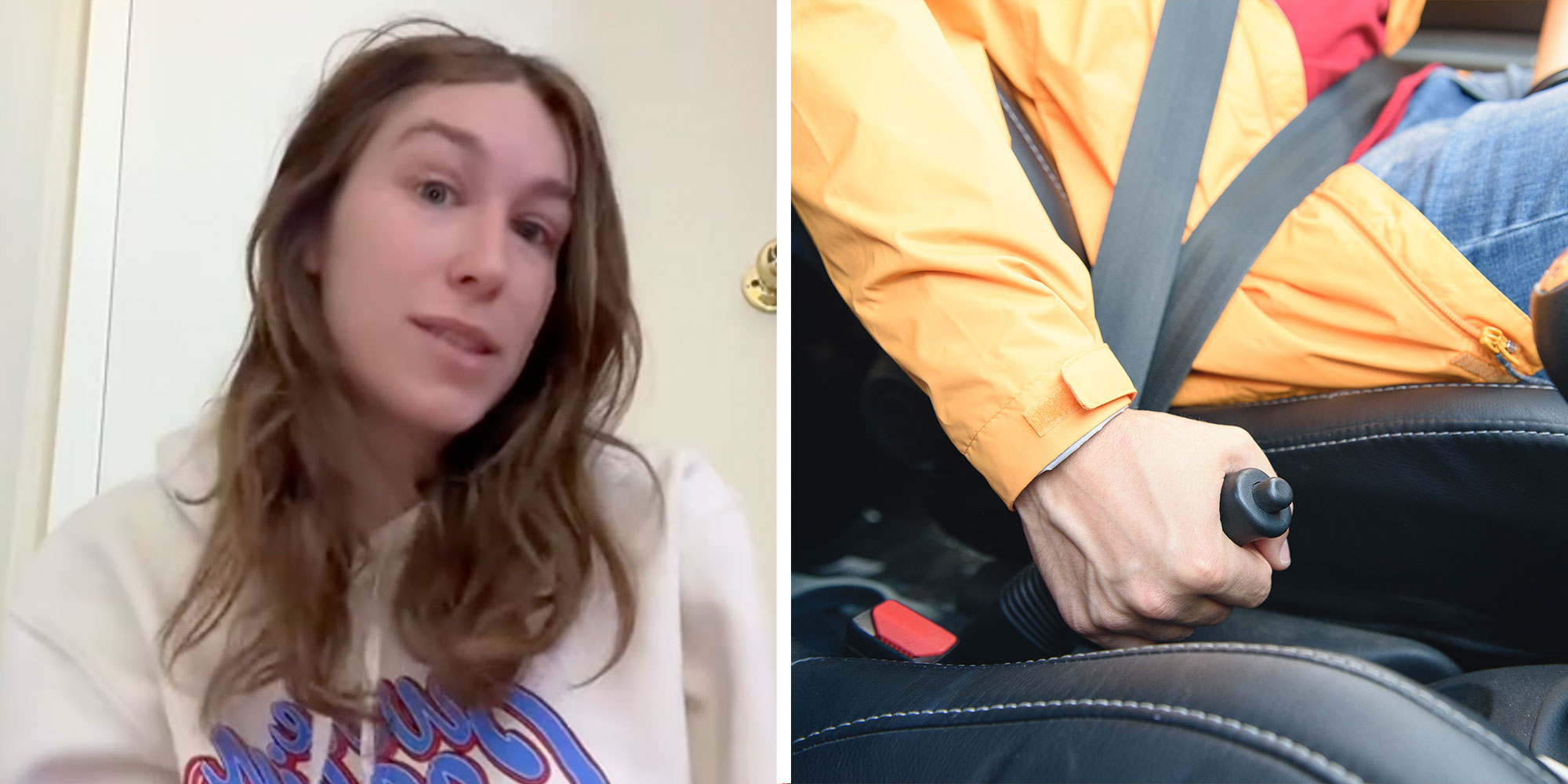 Two panel design with a woman looking and talking at the camera while sitting in her room, next to an image of someone using the Emergency break in their car