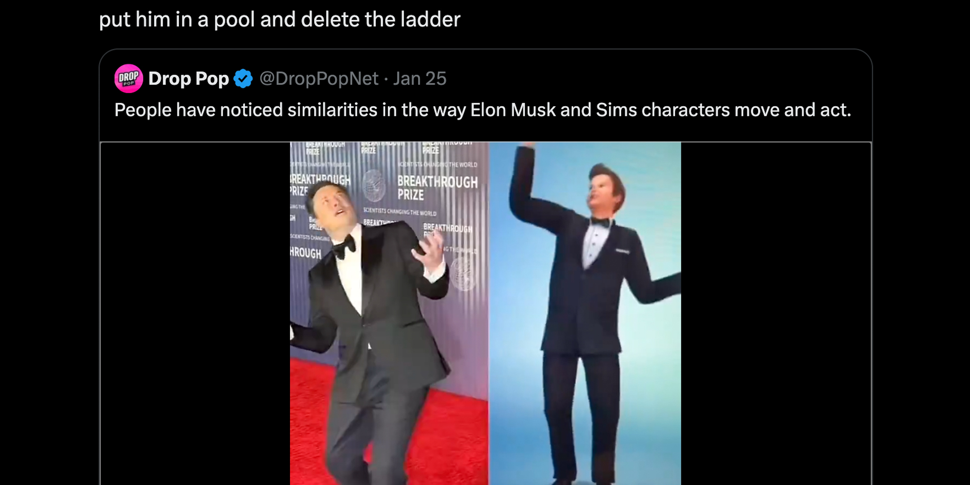 Tweet that says "put him in a pool and delete the ladder" above retweet that says "people have noticed similarities in the way Elon Musk and Sims characters move and act" above a split of elon musk and a sim with their arms up