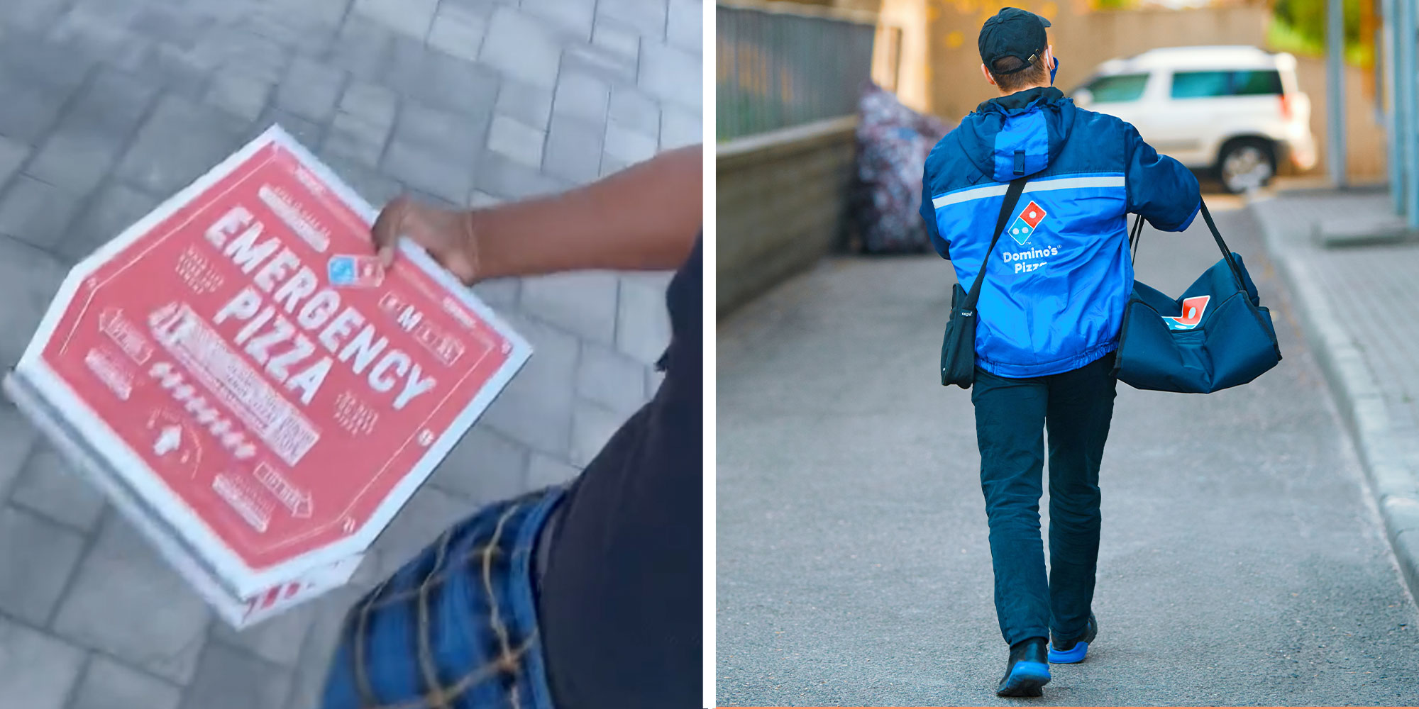 Two panel design with a man holding up a box of pizza while walking, next to an image of a Domino Delivery person