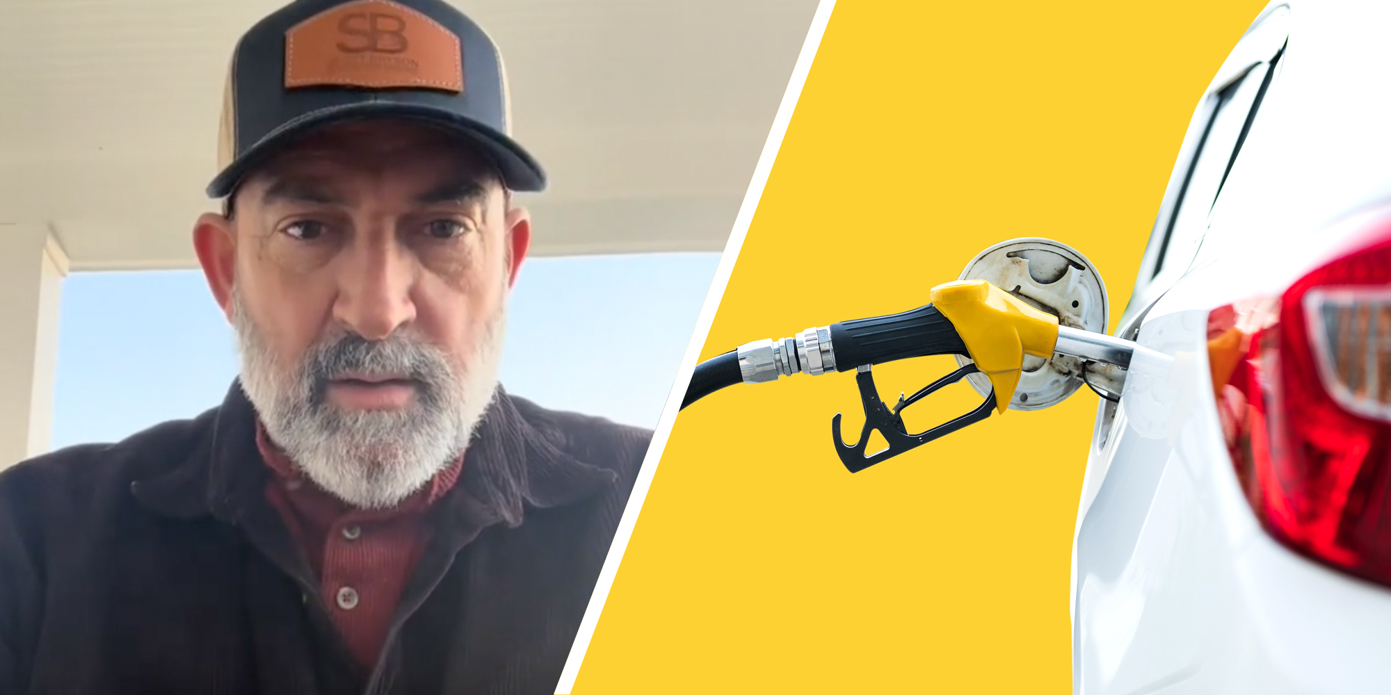 Man talking(l), Gas pump in car(r)