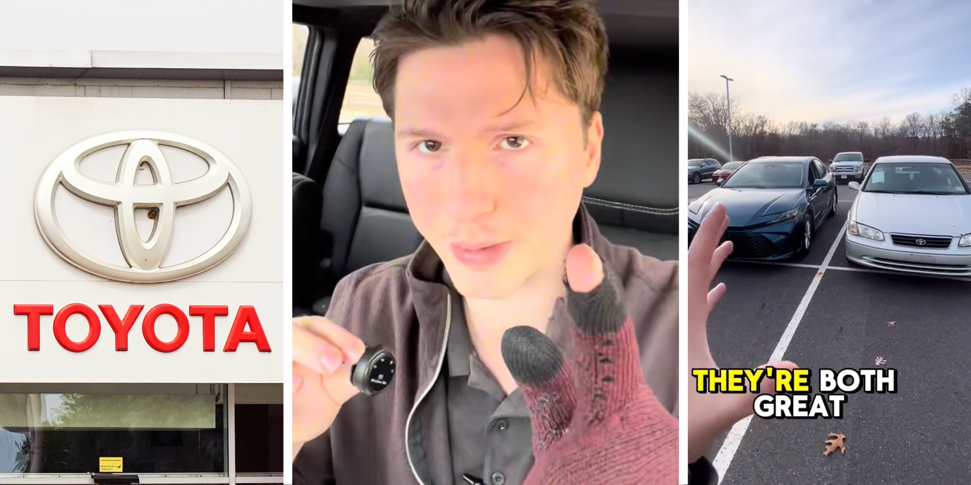 Toyota sign(l), Man talking(c), Two toyota camrys and text "they're both great"(r)