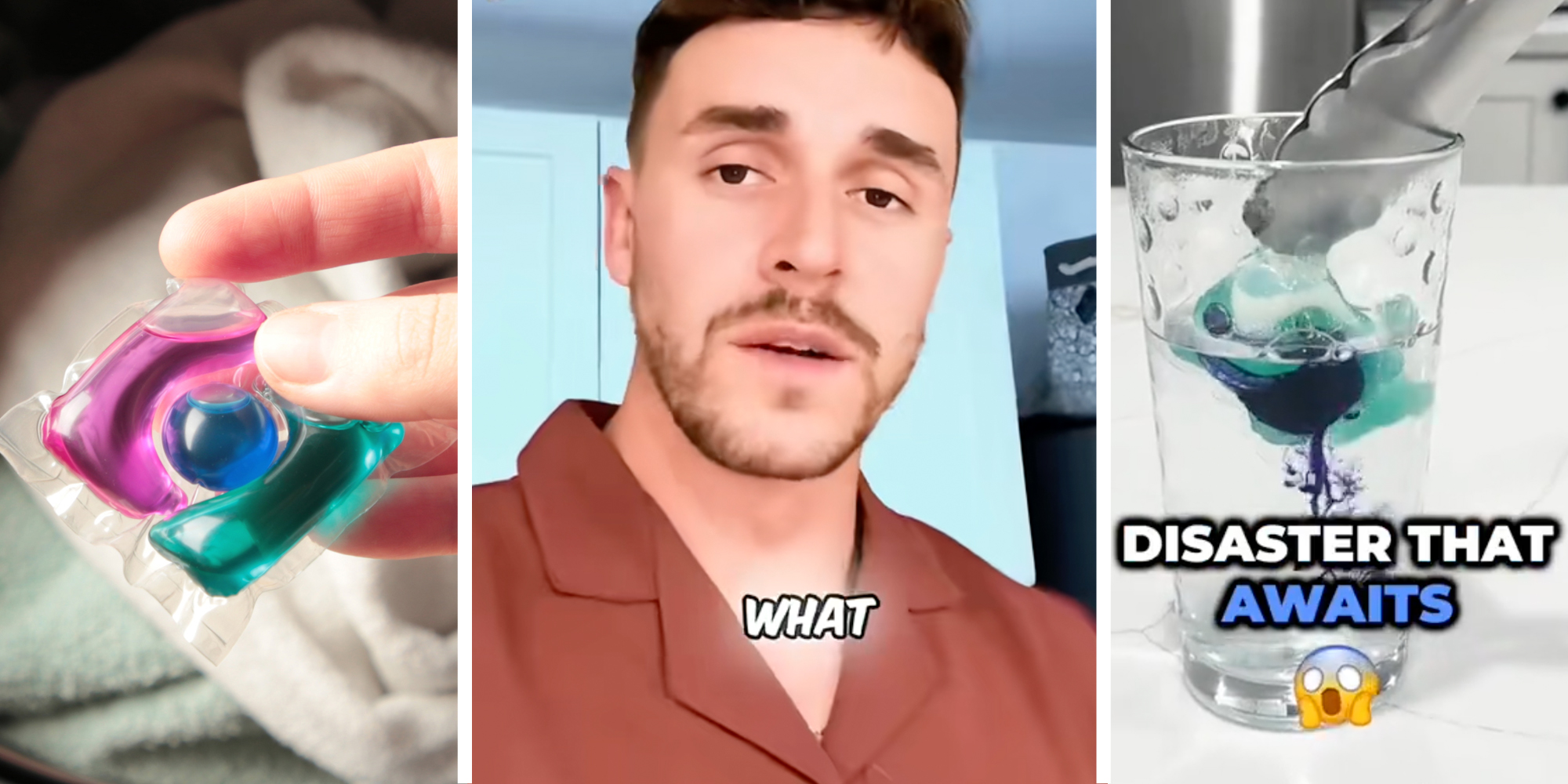 Hand holding detergent pod by laundry(l), Man talking(c), Pod in glass with water with text "disaster that awaits"