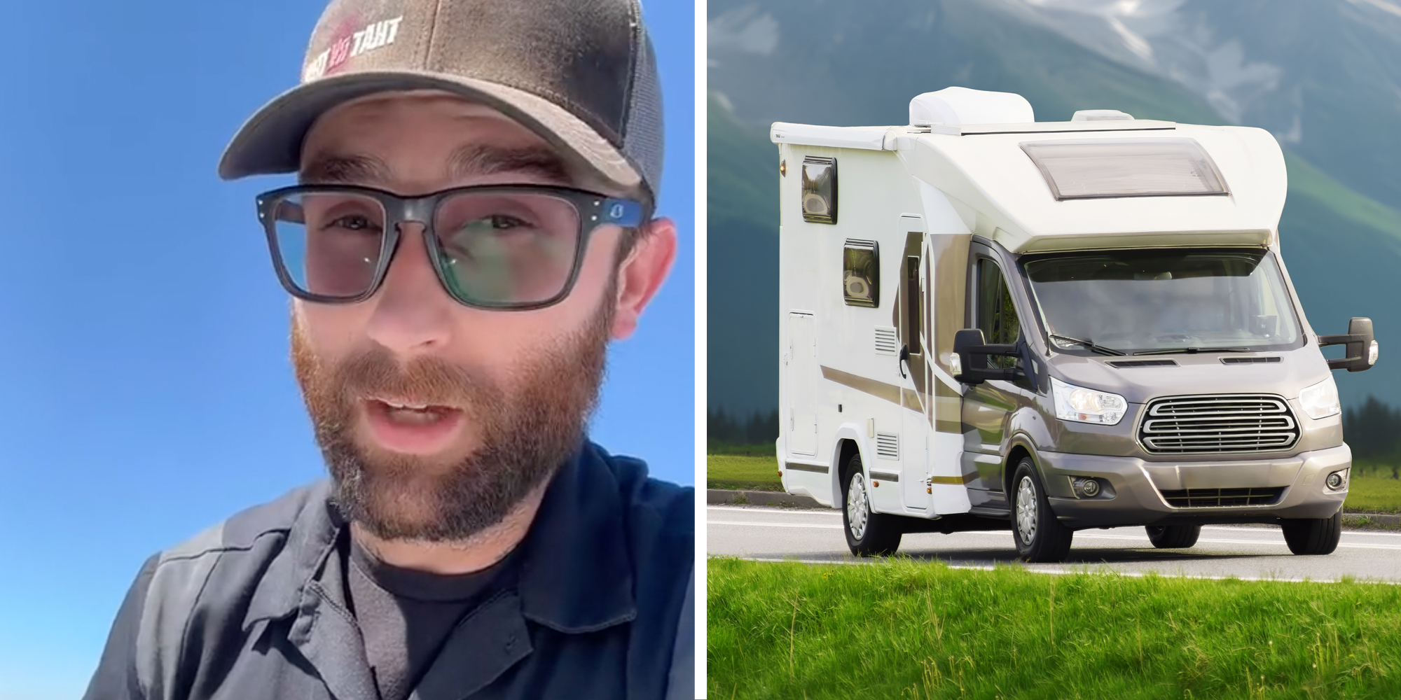 Man talking(l), RV on the road(r)