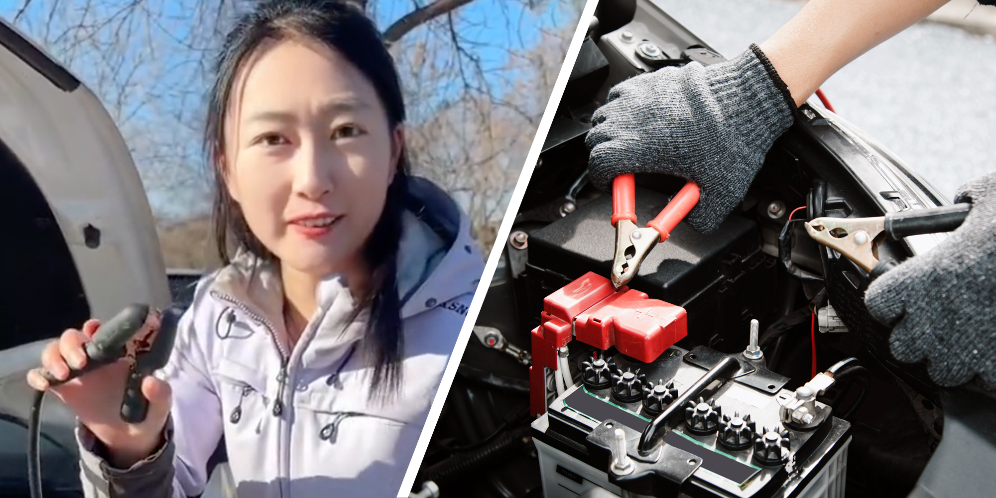 Woman talking(l), Hands charging battery(r)