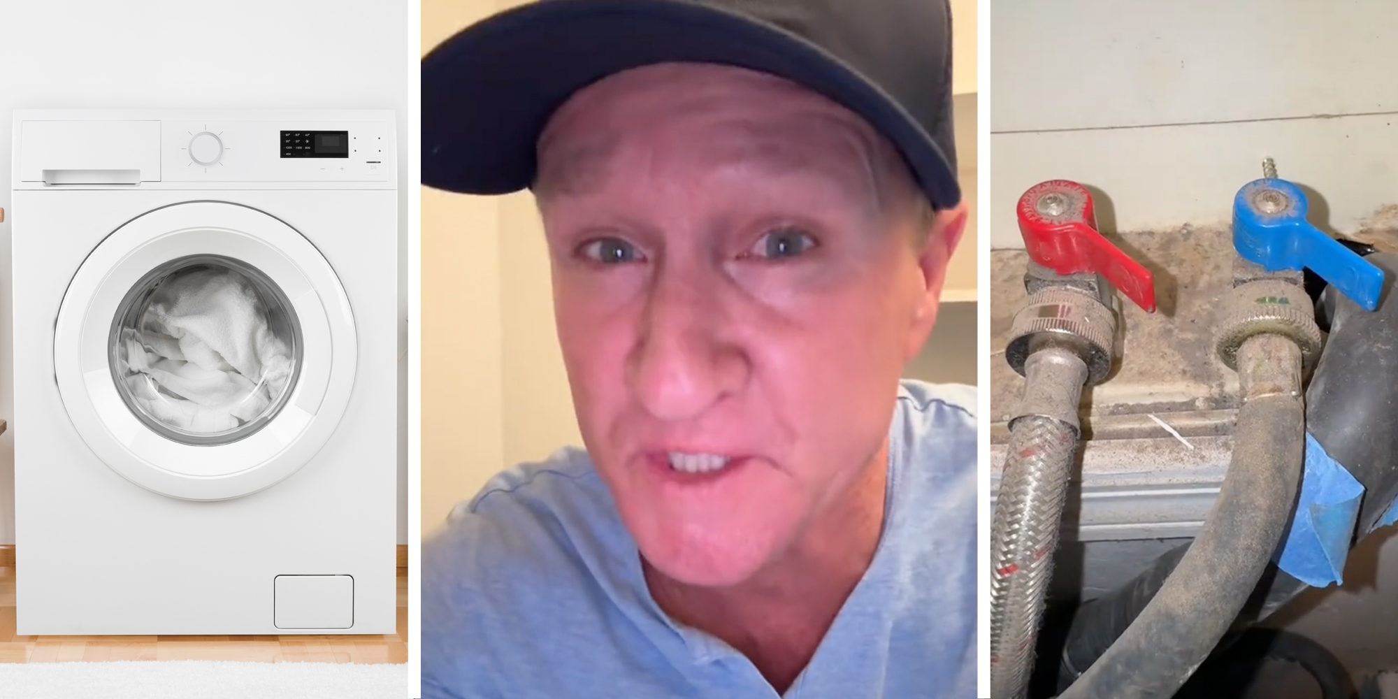 Washing Machine(l), Man talking(c), Knobs(r)