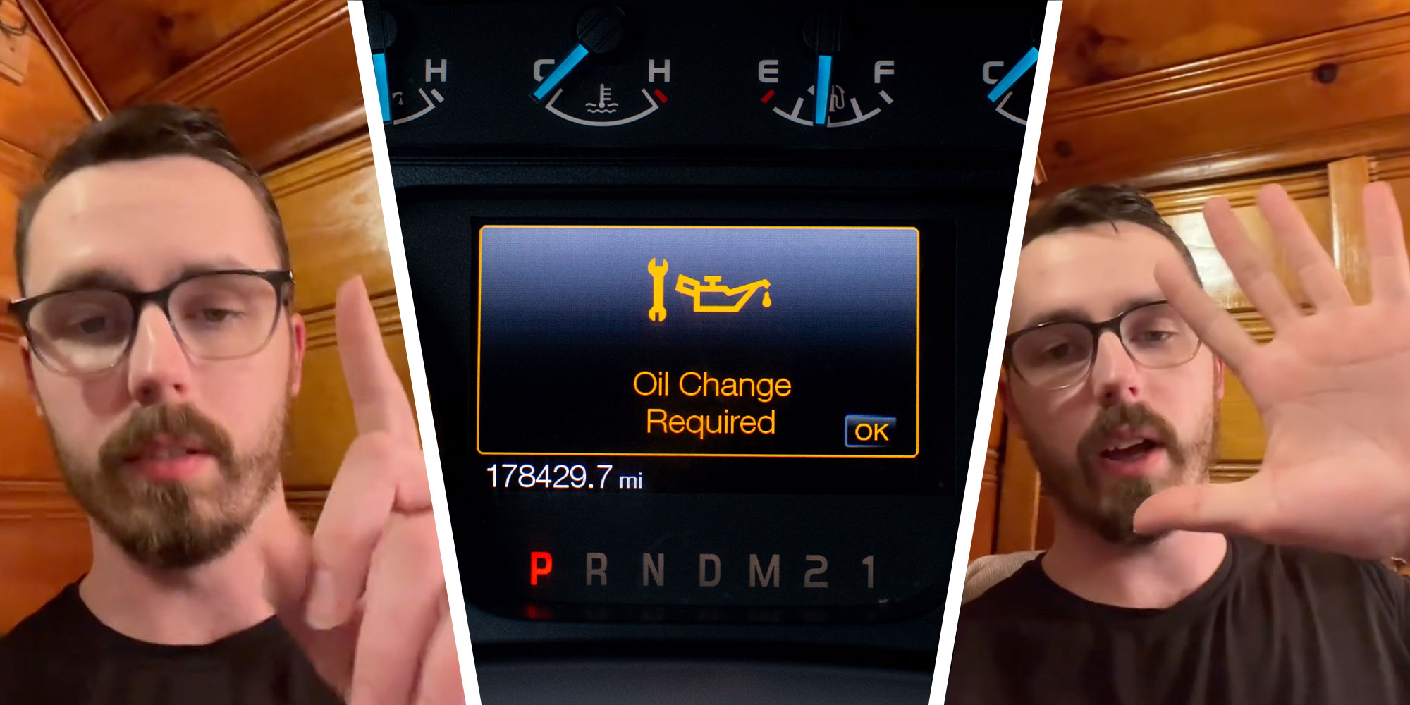 three panel design with a man looking at the camera and holding up 1 finger, next to an image of a "Oil Change Required" message on a dashboard, next to an image of the same man with 5 fingers up