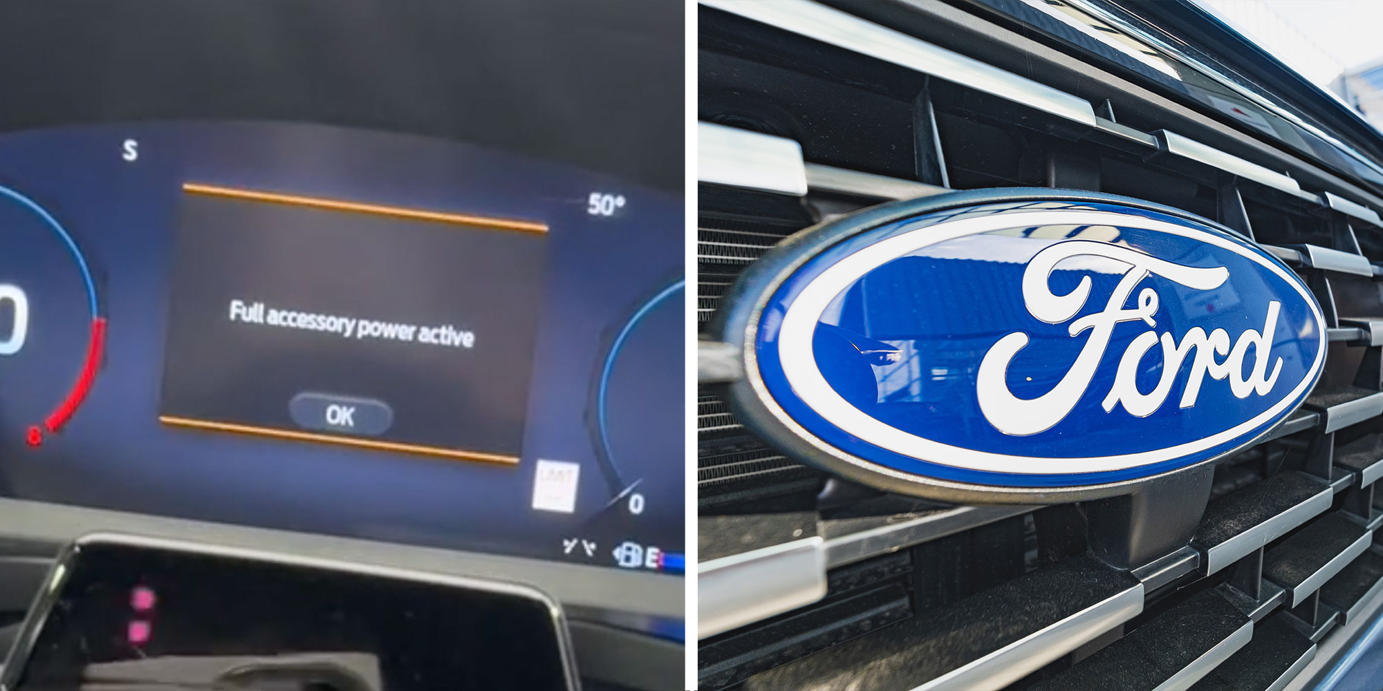 two panel design with a close up of a car dash board with text reading "Full Accessory power active", next to an image of a Ford sign
