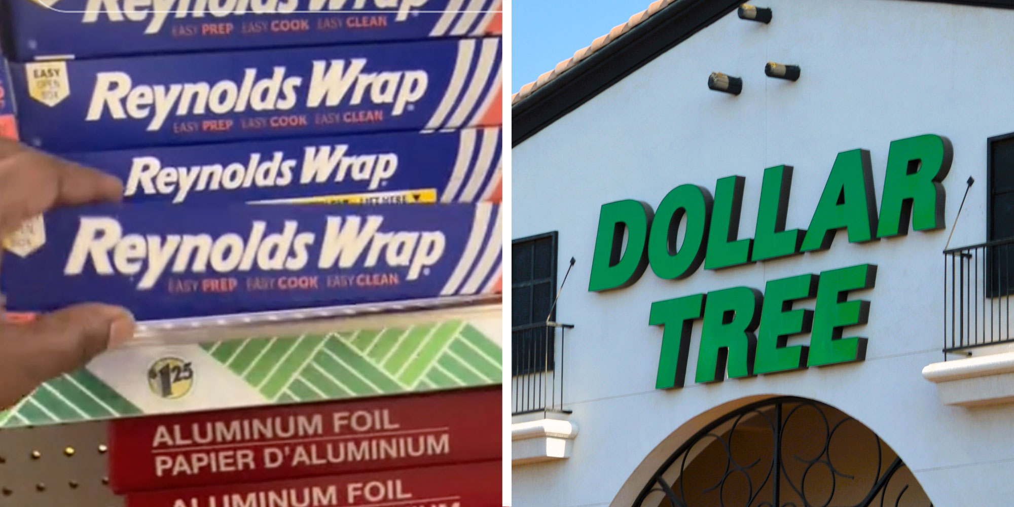 Two panel design with a person grabbing a Reynolds Wrap from a shelf, next to an image of a Dollar Tree sign