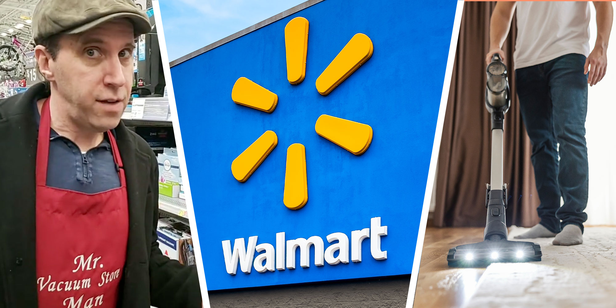 Three panel design with a man looking at the camera from inside a walmart while wearing an apron with "Mr Vacuum Store Man" on it, next to an image of a Walmart, next to an image of a man vacuuming