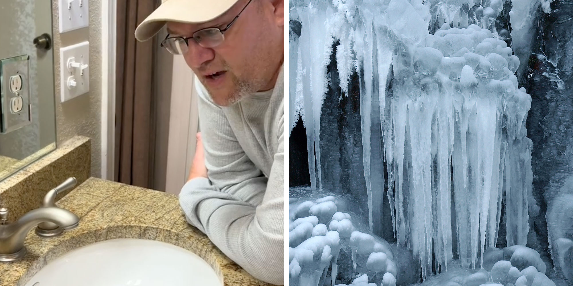 Two panel design with a man looking over a bathroom sink, next to an image of a Frozen winter scene