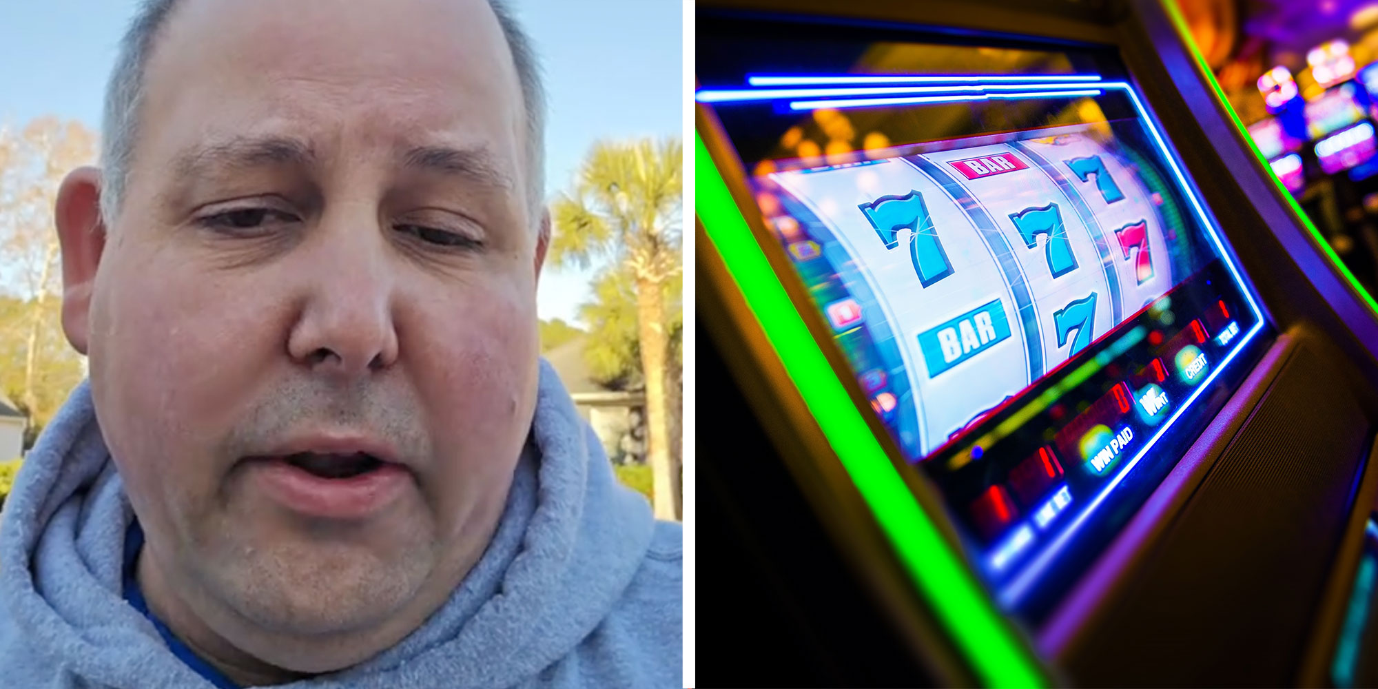 Two panel design with a man looking and talking at the camera, next to an image of a slot machine
