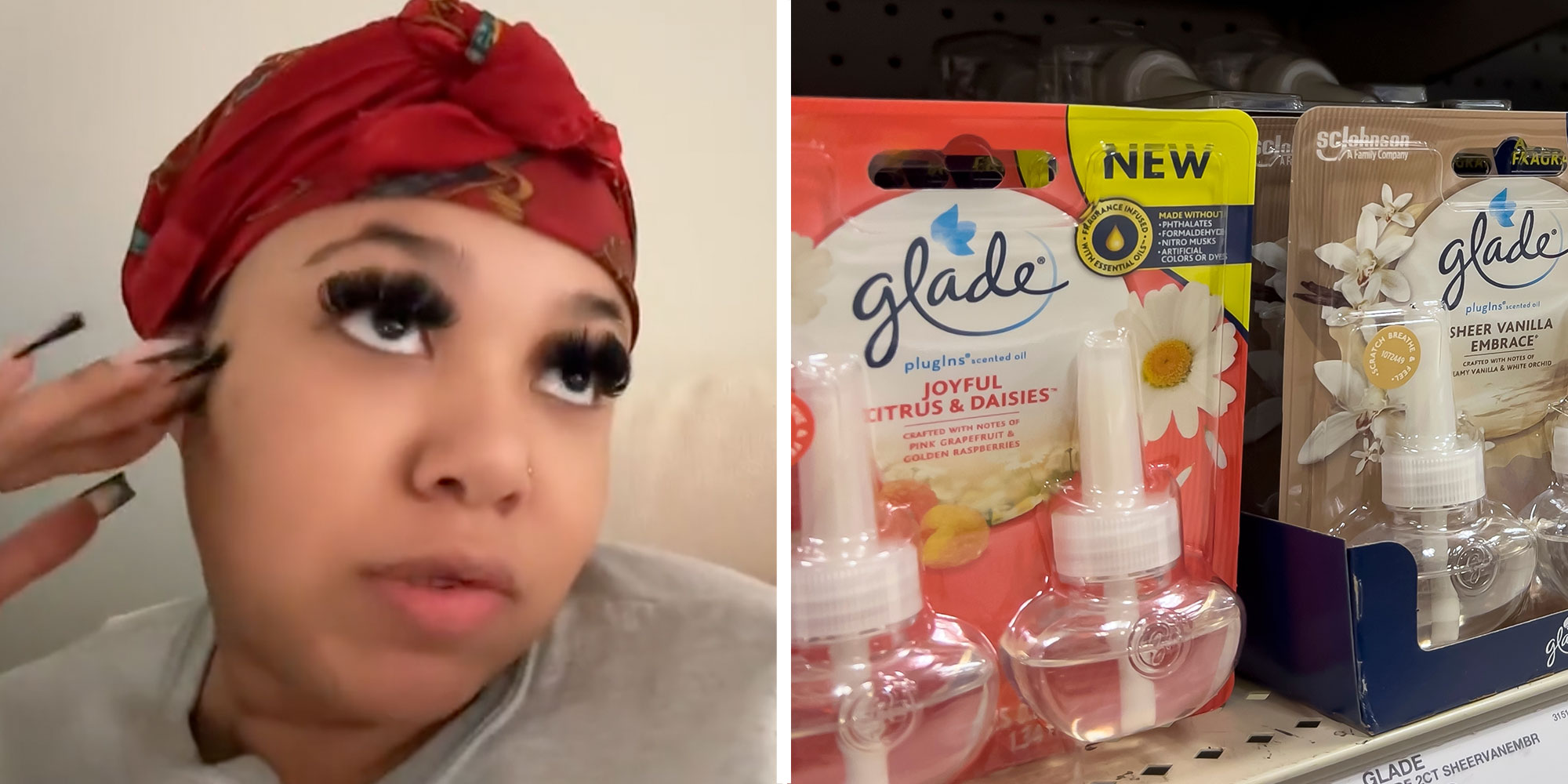 Two panel design with a woman looking odd to the side, next to an image of a shelf with Glade Plugin products