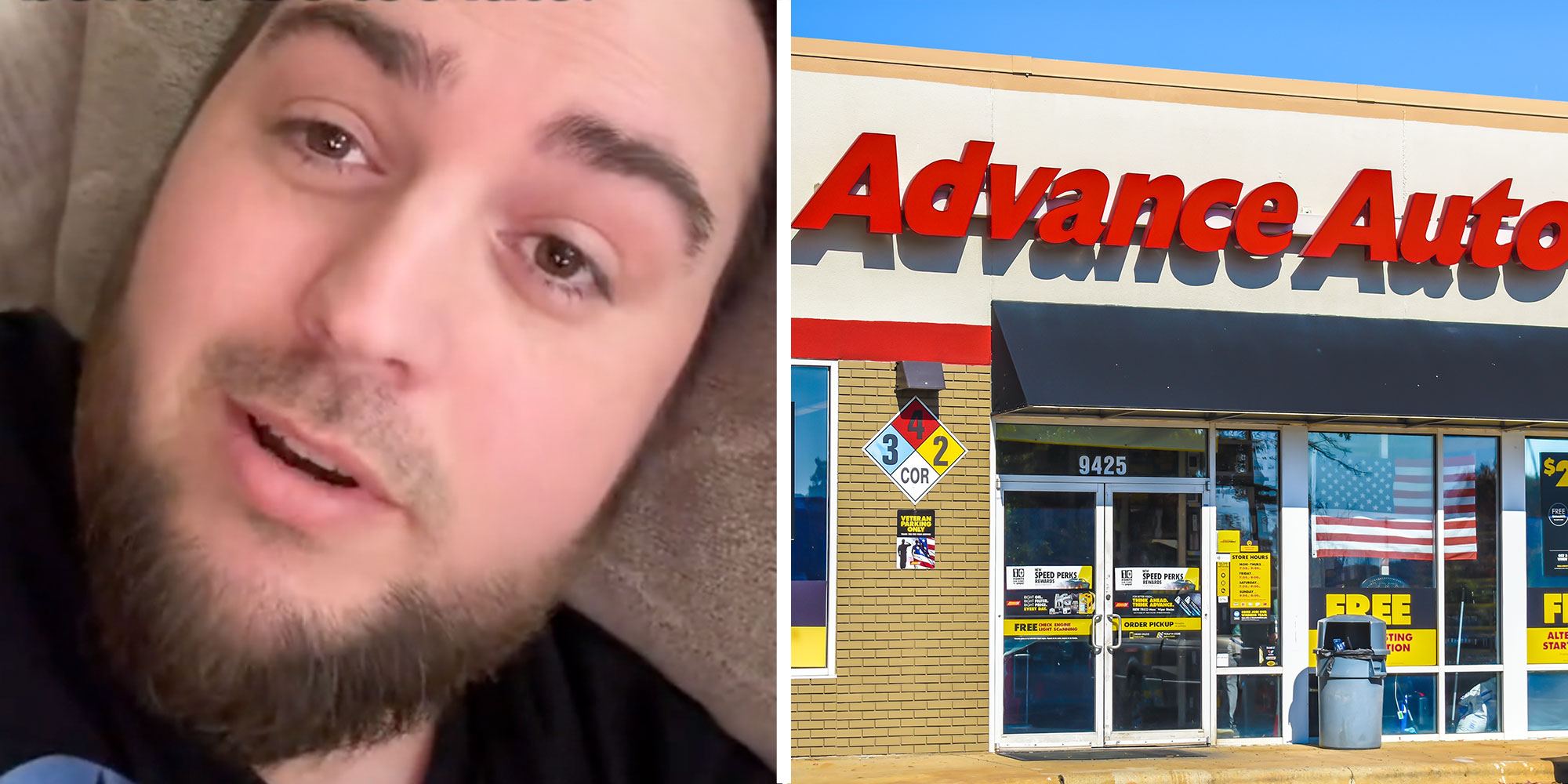 Two panel design with a man looking at the camera has he lays down, next to an image of a Advance Auto Parts store