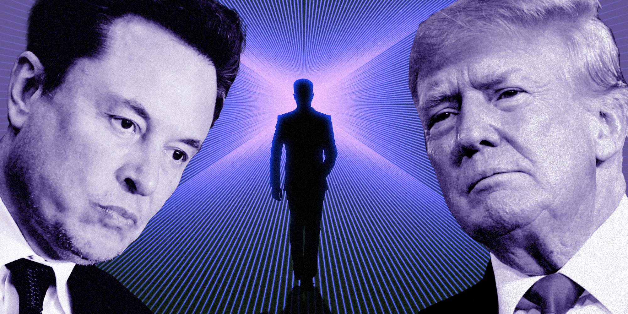 Elon Musk and Donald Trump looming over business man silhouette walking down abstract hallway