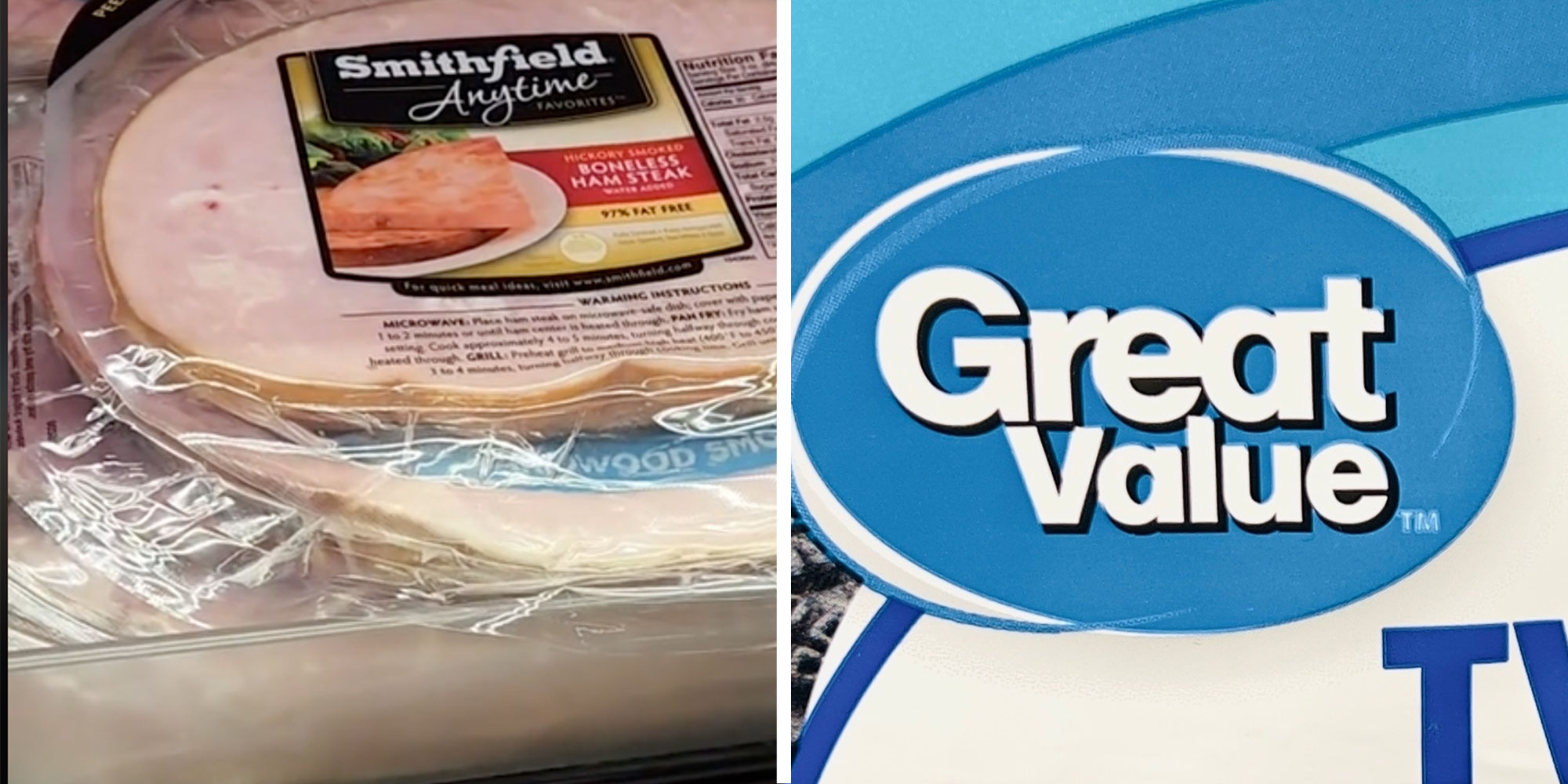 Two panel design with a shot of packaged ham from a Walmart, next to an image of the "Great Value" logo.