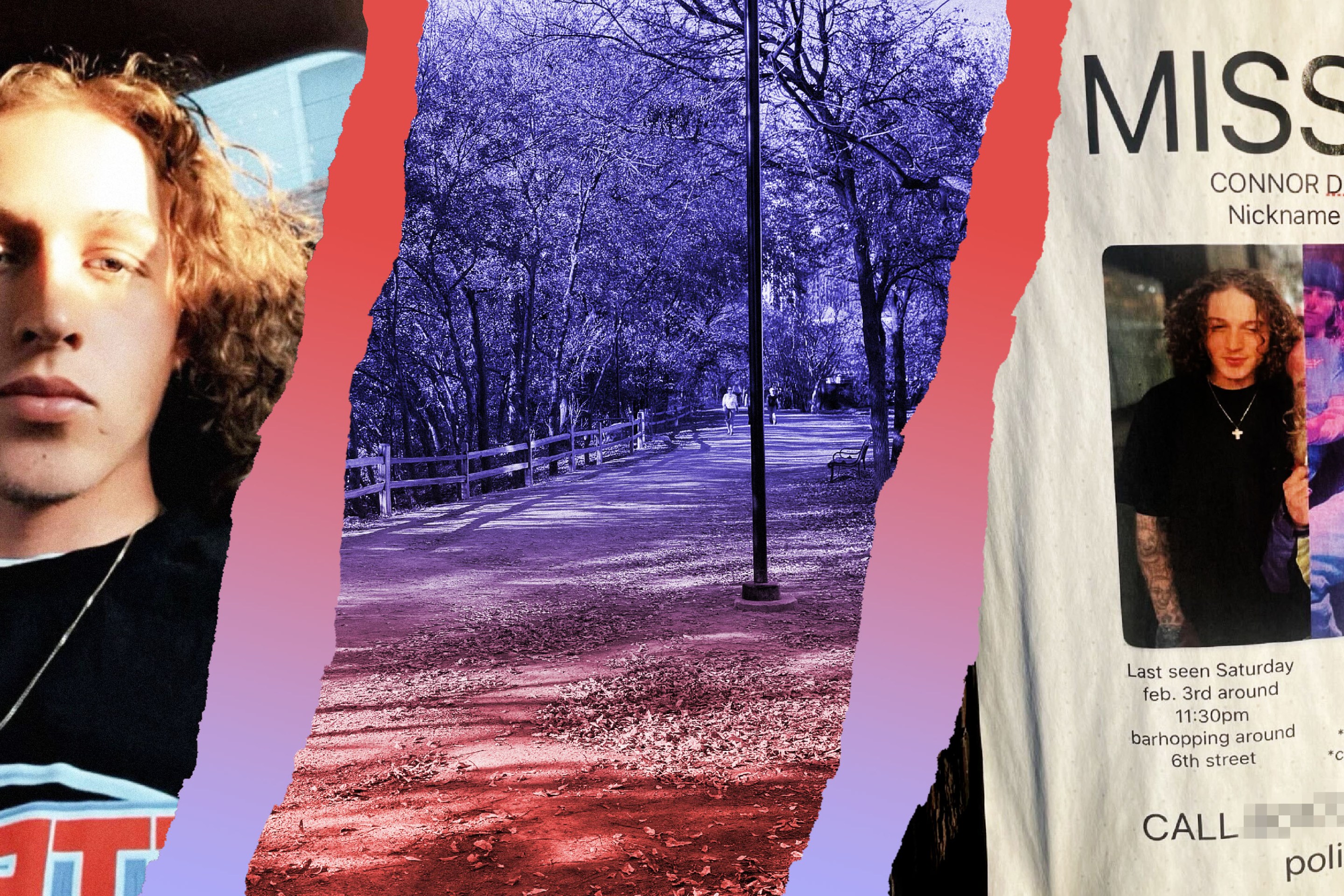 3 panel image: on the left is a person sitting in a car, in the middle is a park scene, on the right is a missing person sign.