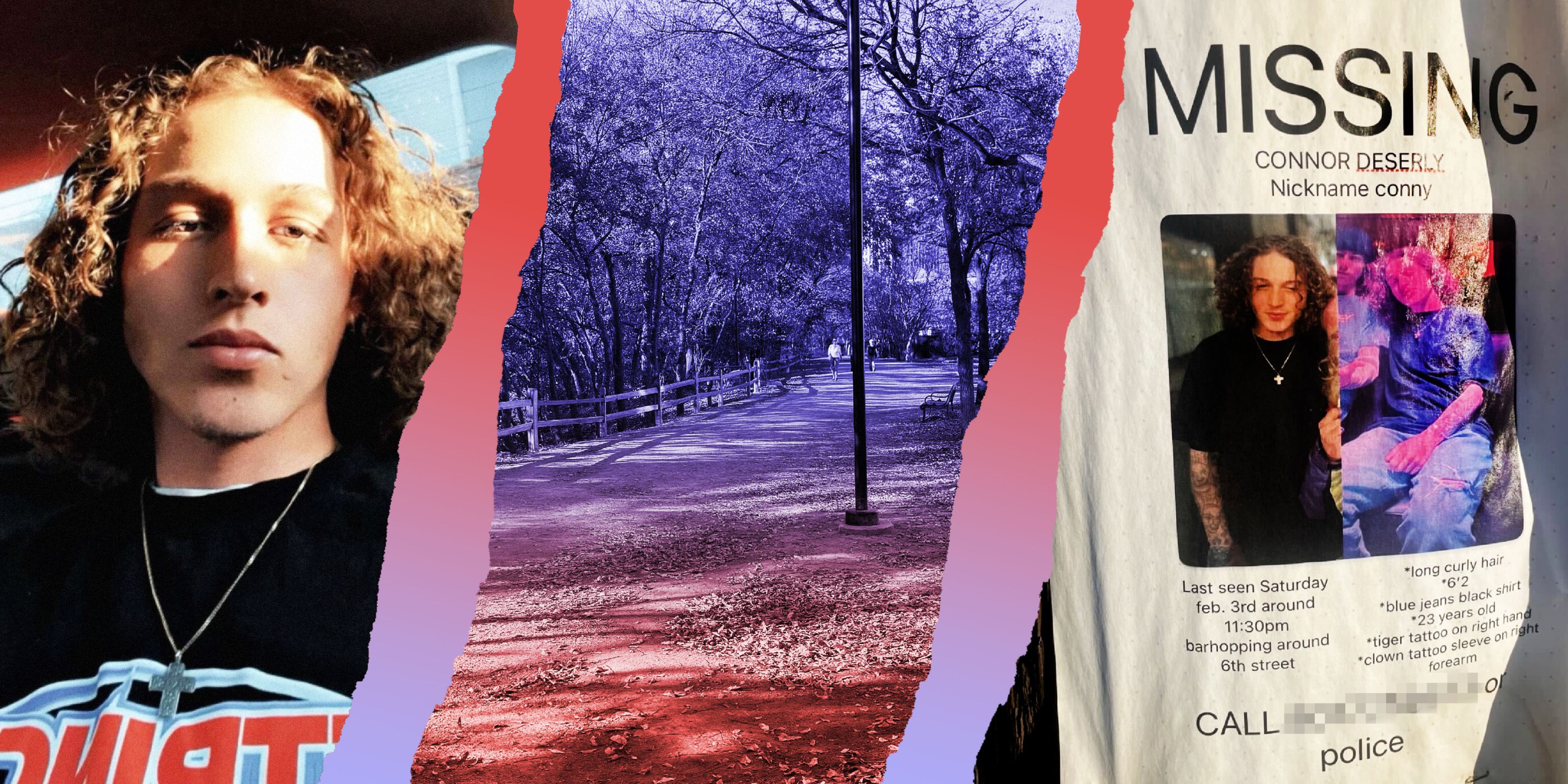 3 panel image: on the left is a person sitting in a car, in the middle is a park scene, on the right is a missing person sign.