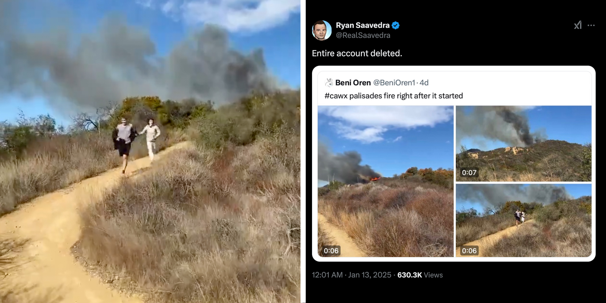 People running downhill from smoke(l), Tweet that says "entire account deleted" and shows screenshot from same video of the hill slowly catching fire"(r)